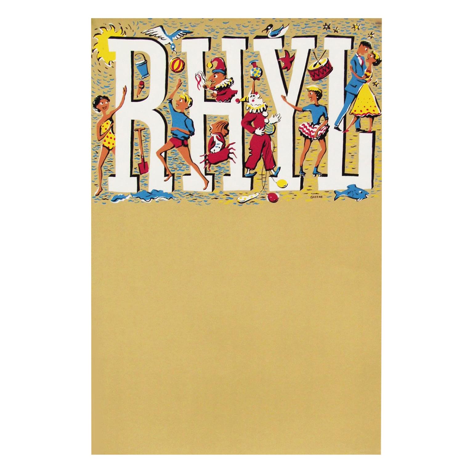 1960s promotional travel poster for Rhyl, Wales designed by Margaret Greene, UK. Rolled.

Measures: L 76cm x W 50.5cm. 

   