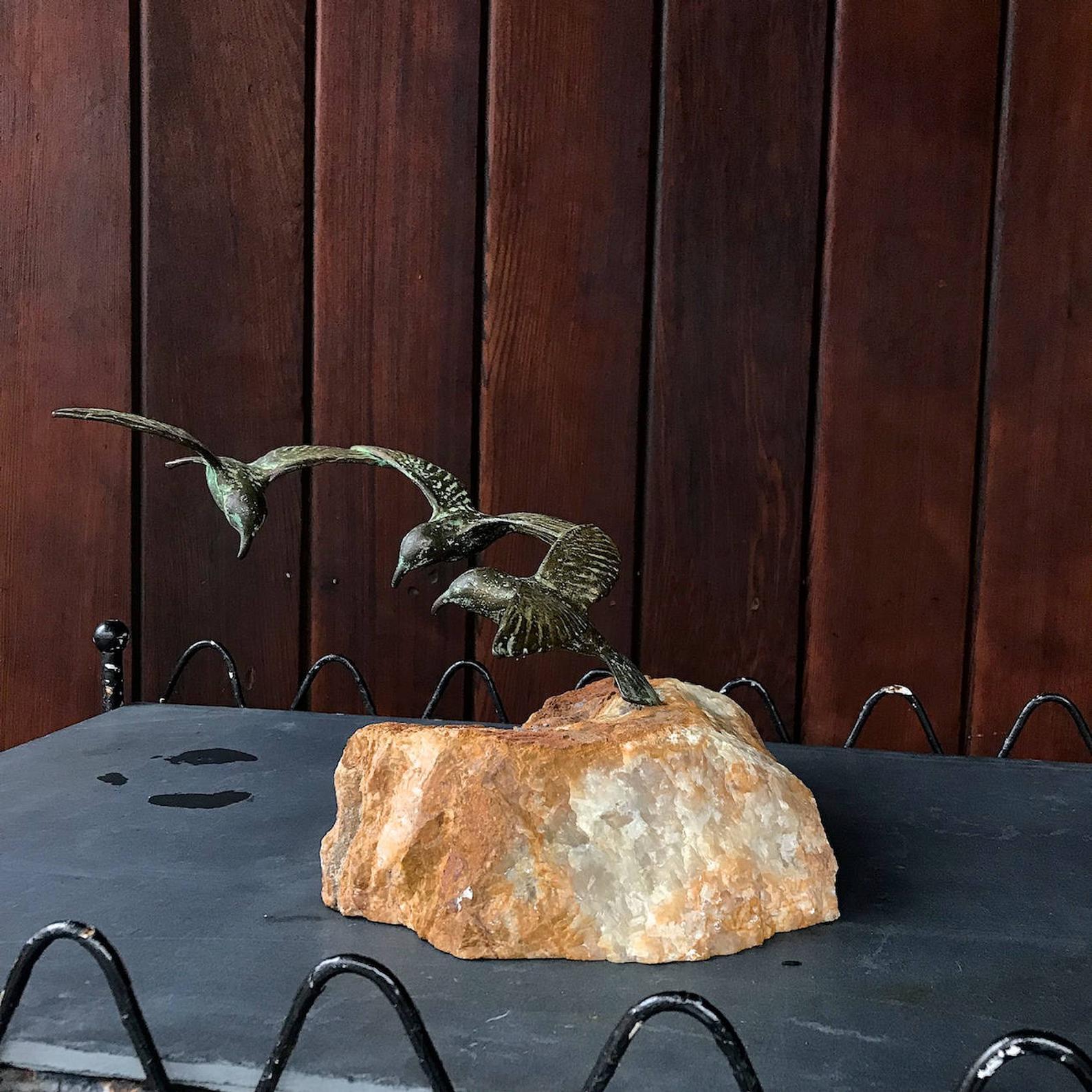 Late 20th Century 1960s Bronze Birds Table Sculpture White Onyx Base Midcentury Hollywood Regency