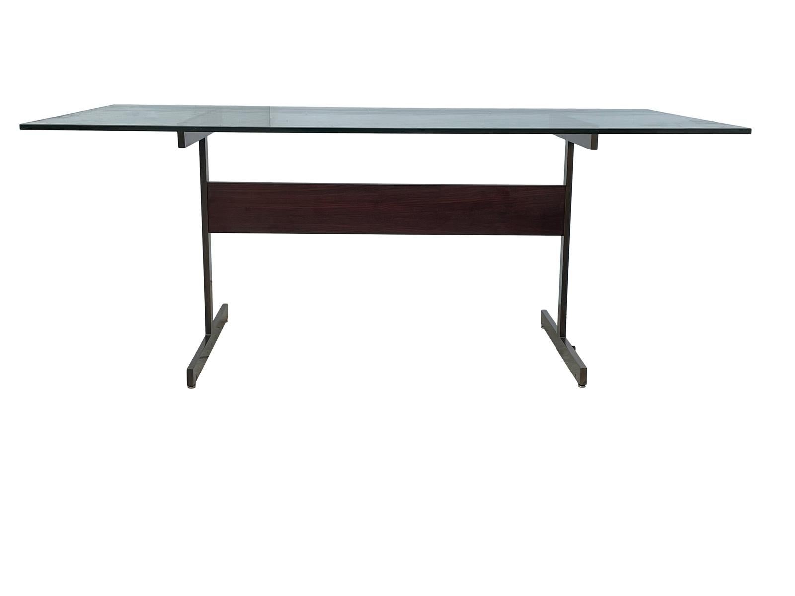 Clean rectangular glass top with rosewood & bronze colored metal