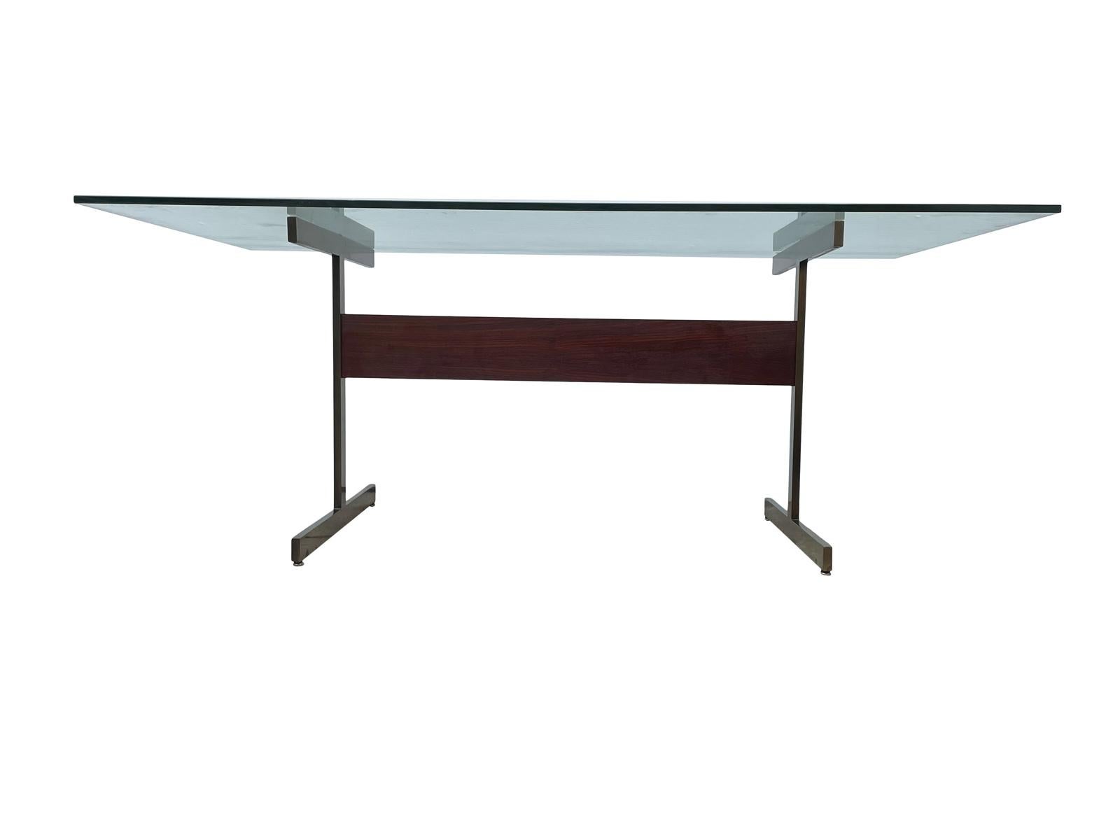 Mid-Century Modern 1960’s Bronze & Rosewood I-Beam Glass Dining Table For Sale