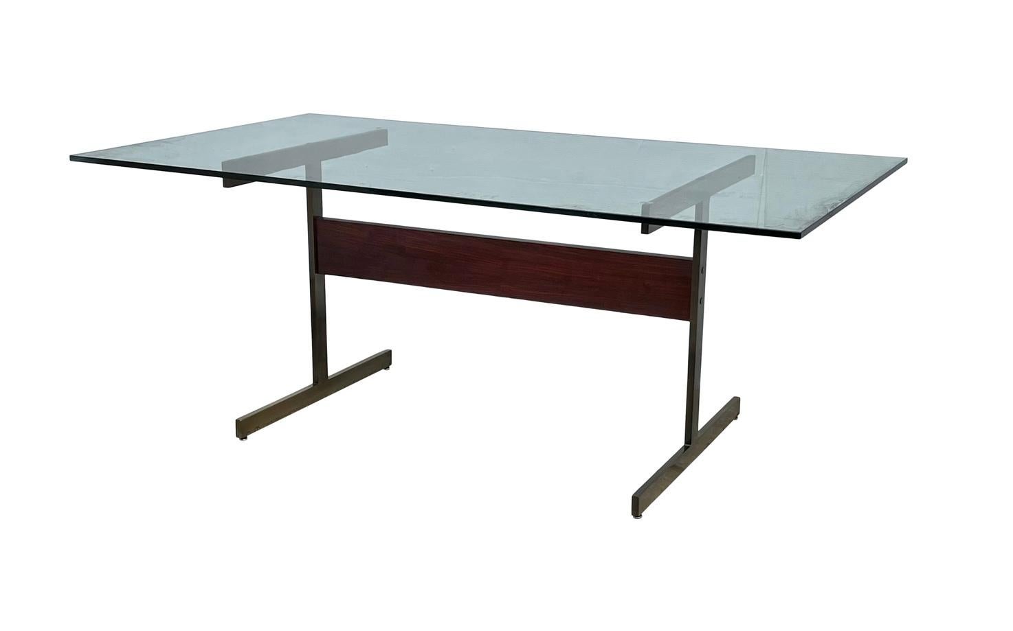 American 1960’s Bronze & Rosewood I-Beam Glass Dining Table For Sale