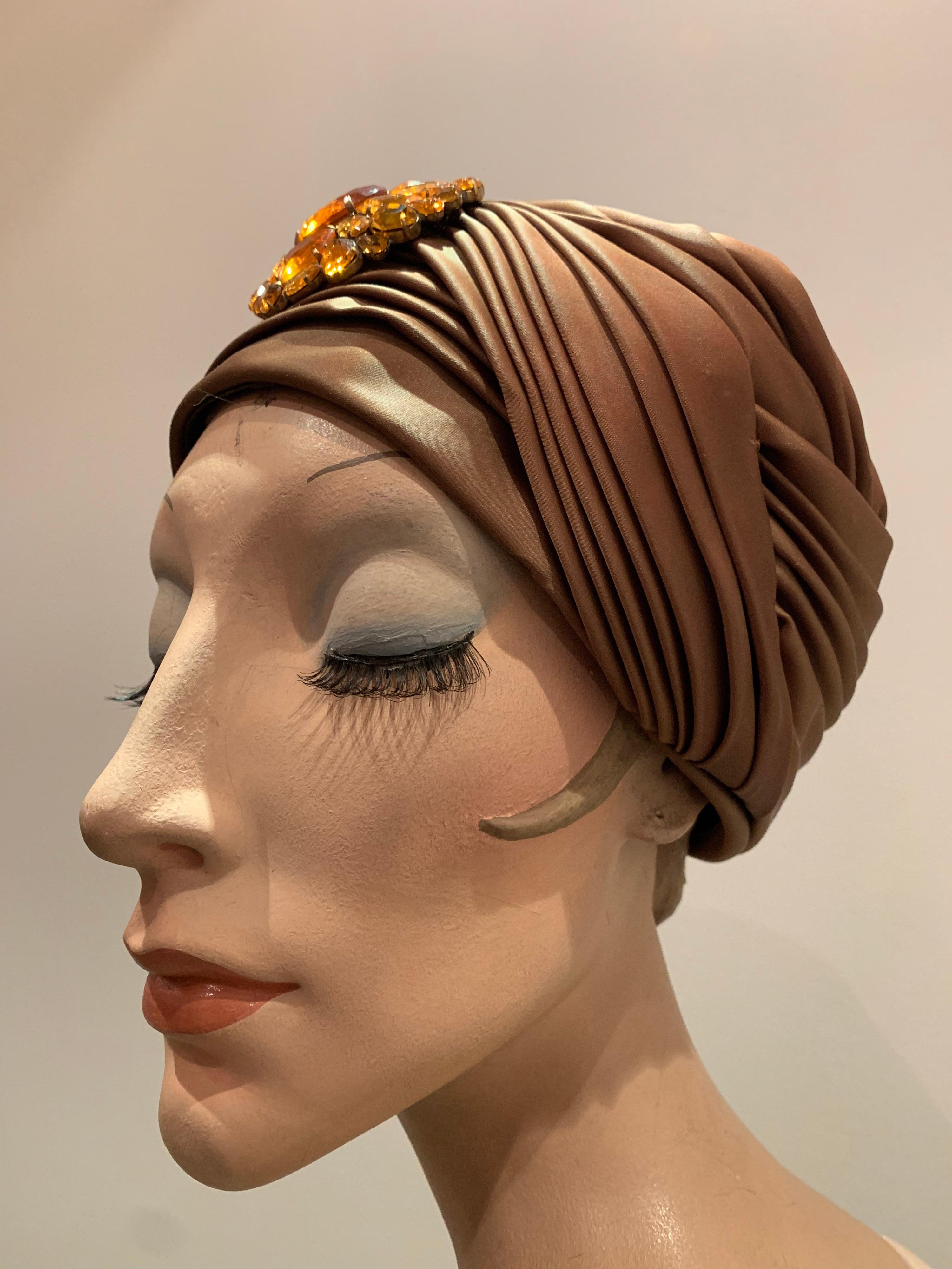 Brown 1960s Bronze Satin Turban Hat W/ Large Amber Cabochon Brooch For Sale