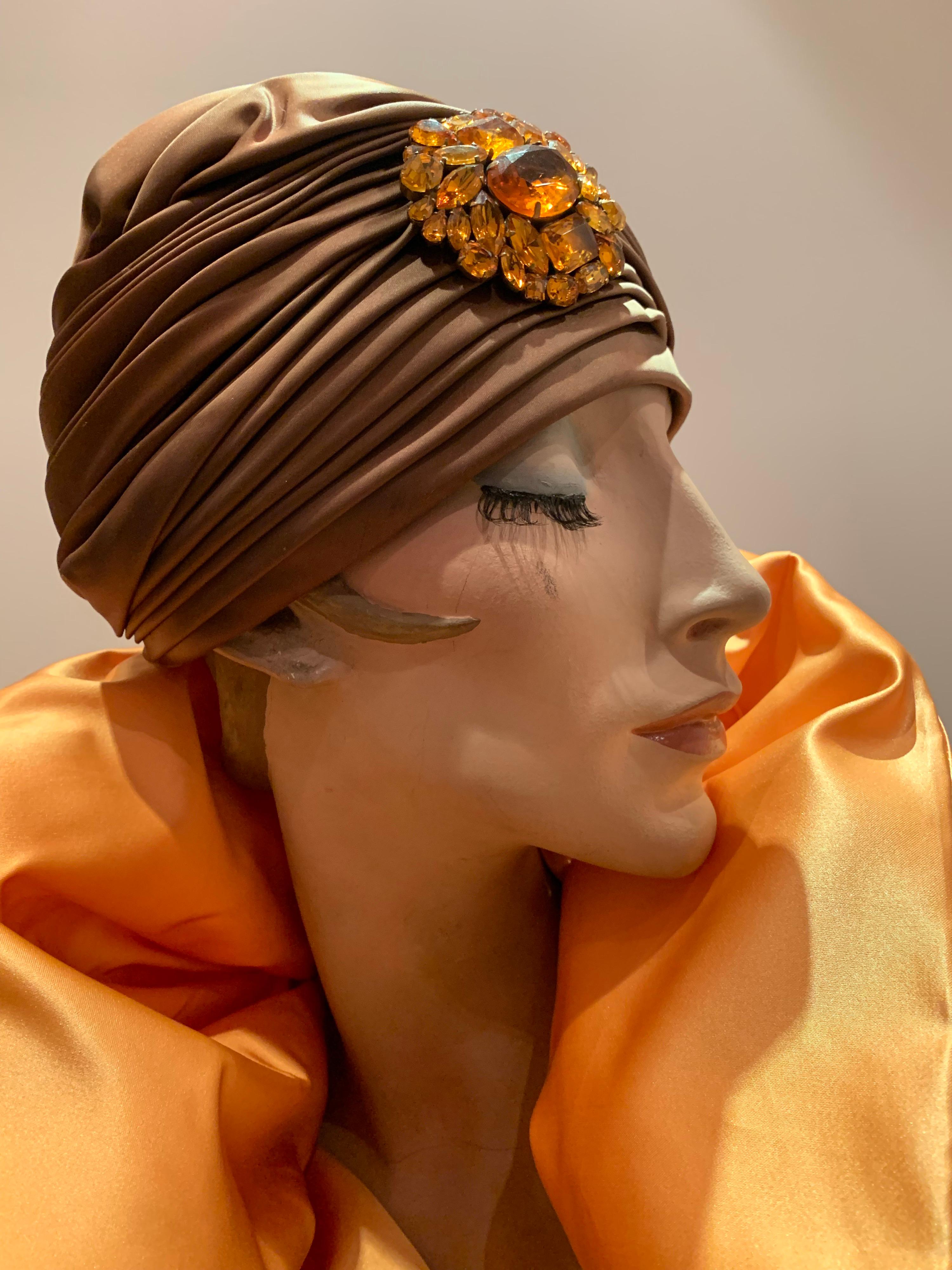1960s Bronze Satin Turban Hat W/ Large Amber Cabochon Brooch For Sale 1