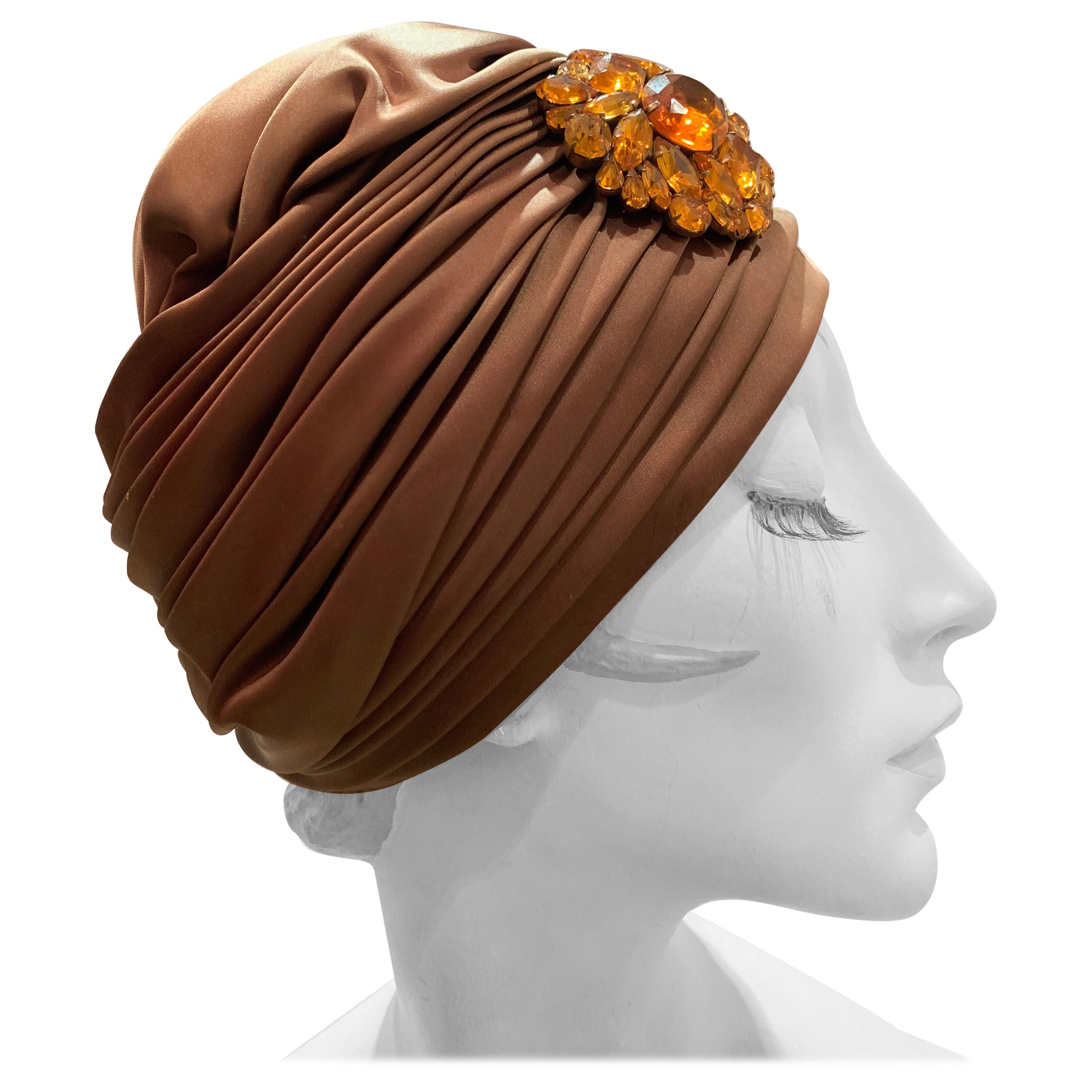 1960s Bronze Satin Turban Hat W/ Large Amber Cabochon Brooch For Sale