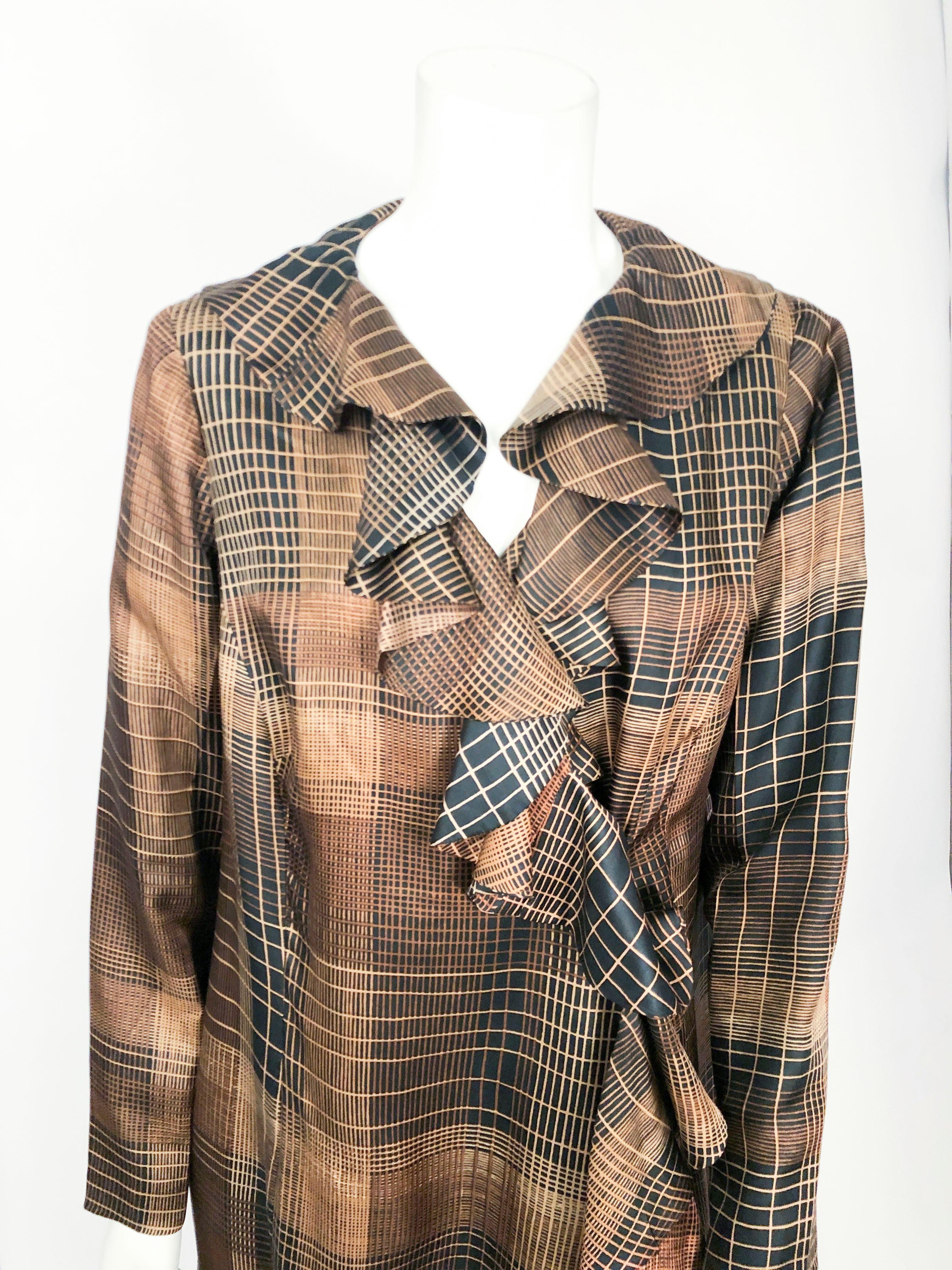 1960s Brown and Black Plaid Coat with Ruffled Collar and Hem