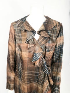 1960s Brown and Black Plaid Silk Coat with Ruffled Collar and Hem