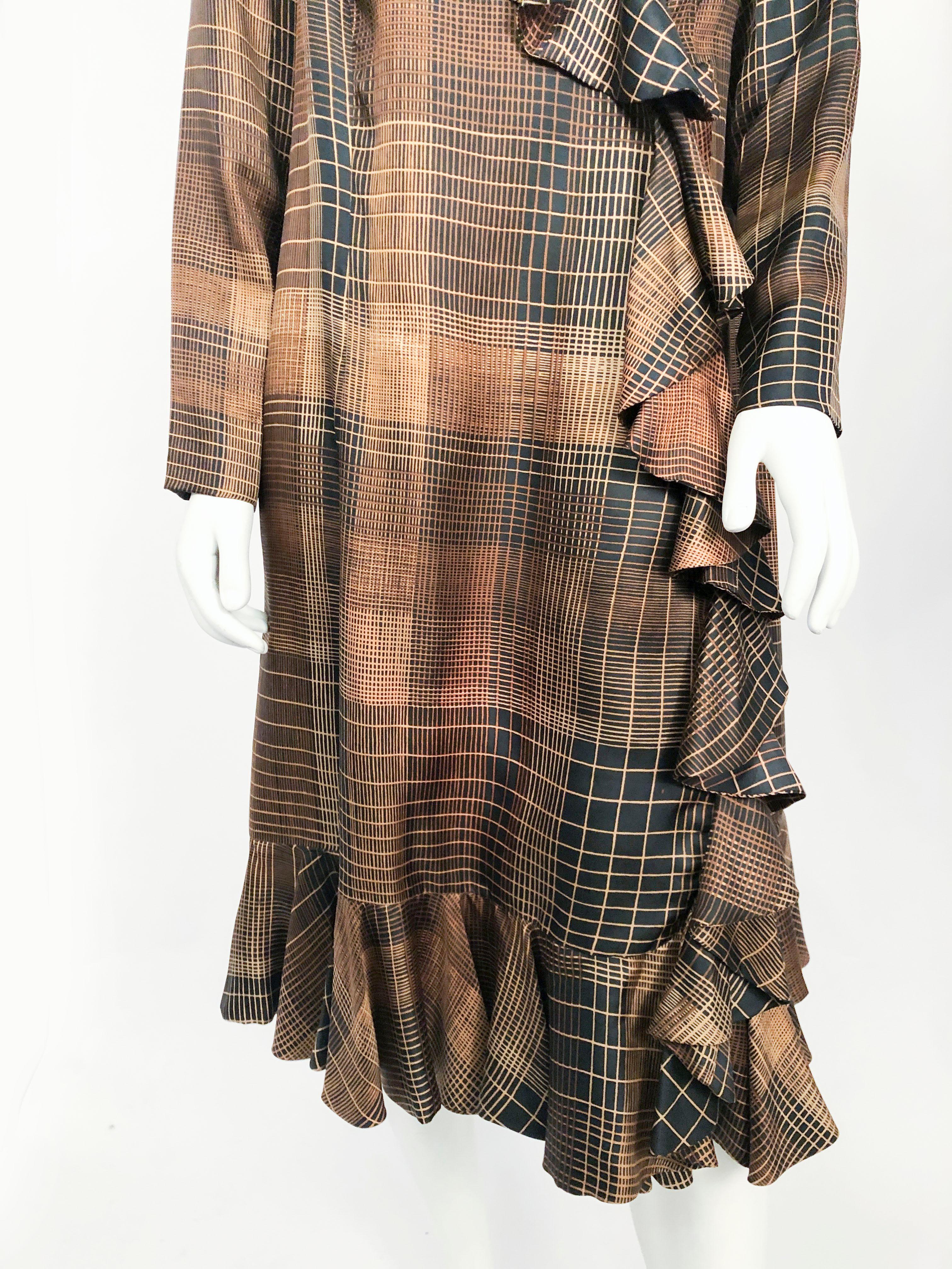 1960s Brown and Black Plaid Silk Coat with Ruffled Collar and Hem In Good Condition For Sale In San Francisco, CA