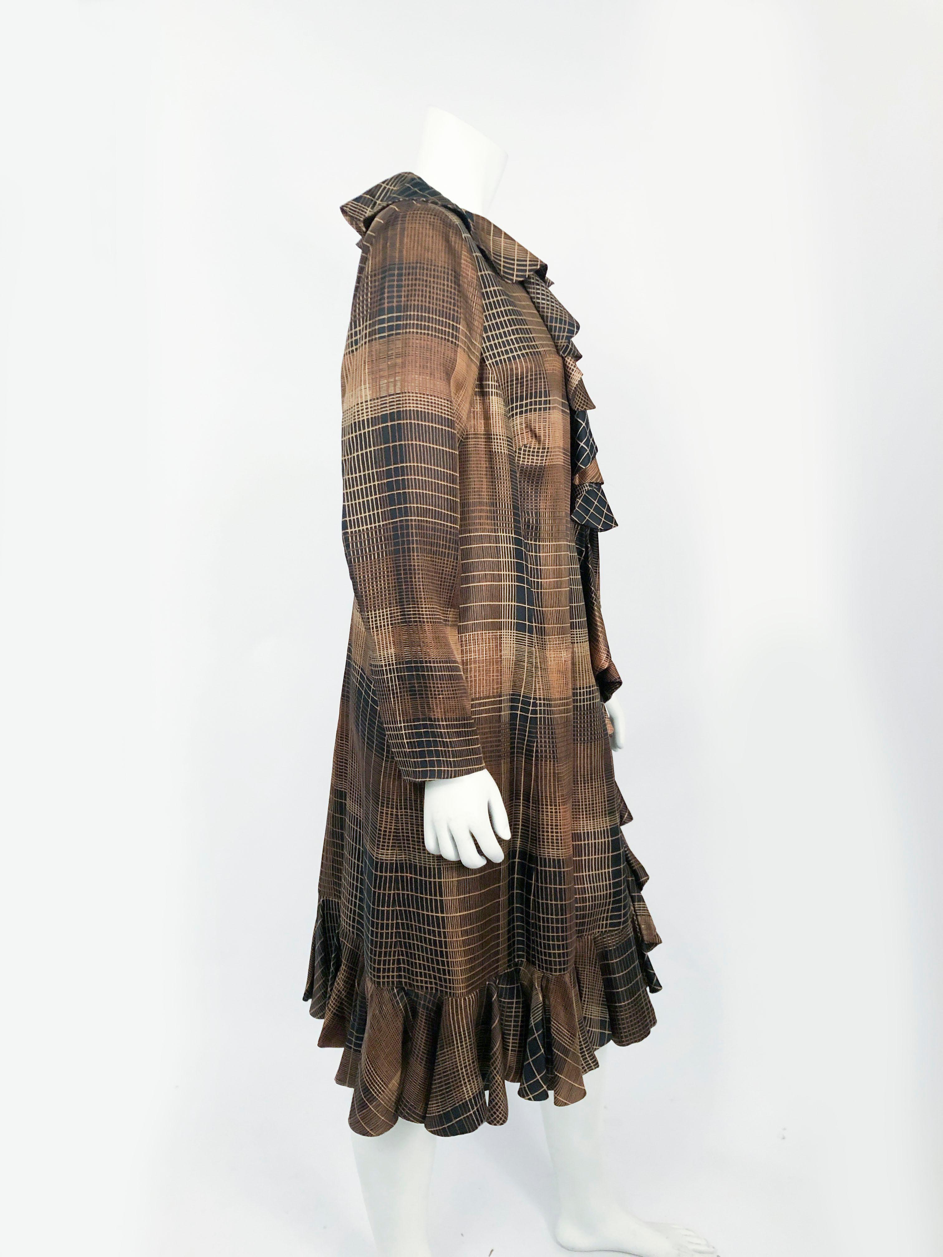 Women's 1960s Brown and Black Plaid Silk Coat with Ruffled Collar and Hem For Sale