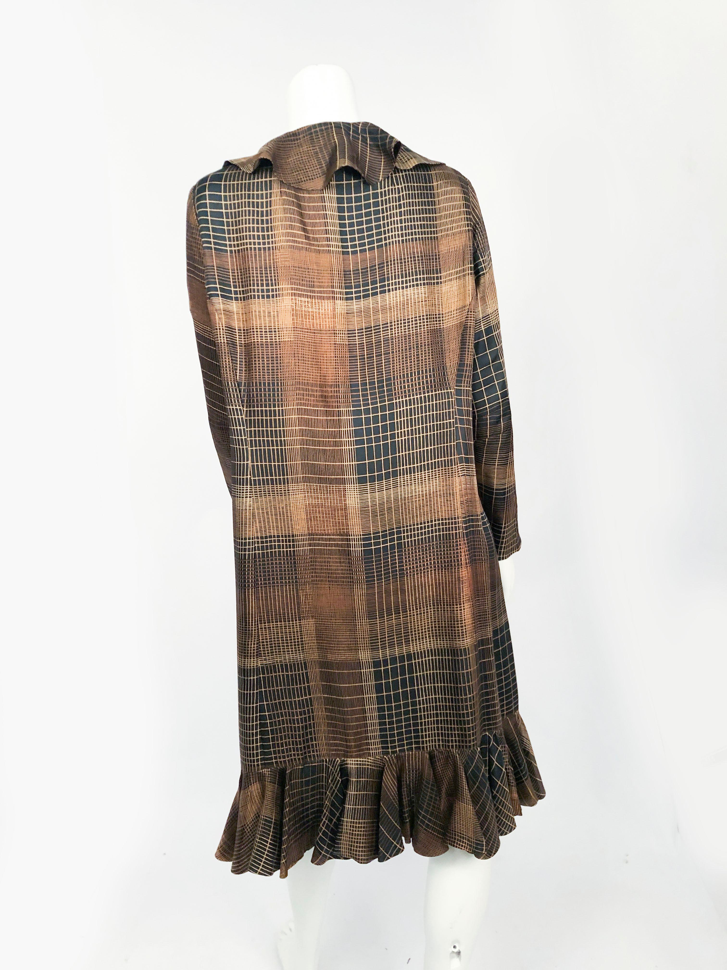 1960s Brown and Black Plaid Silk Coat with Ruffled Collar and Hem For Sale 1