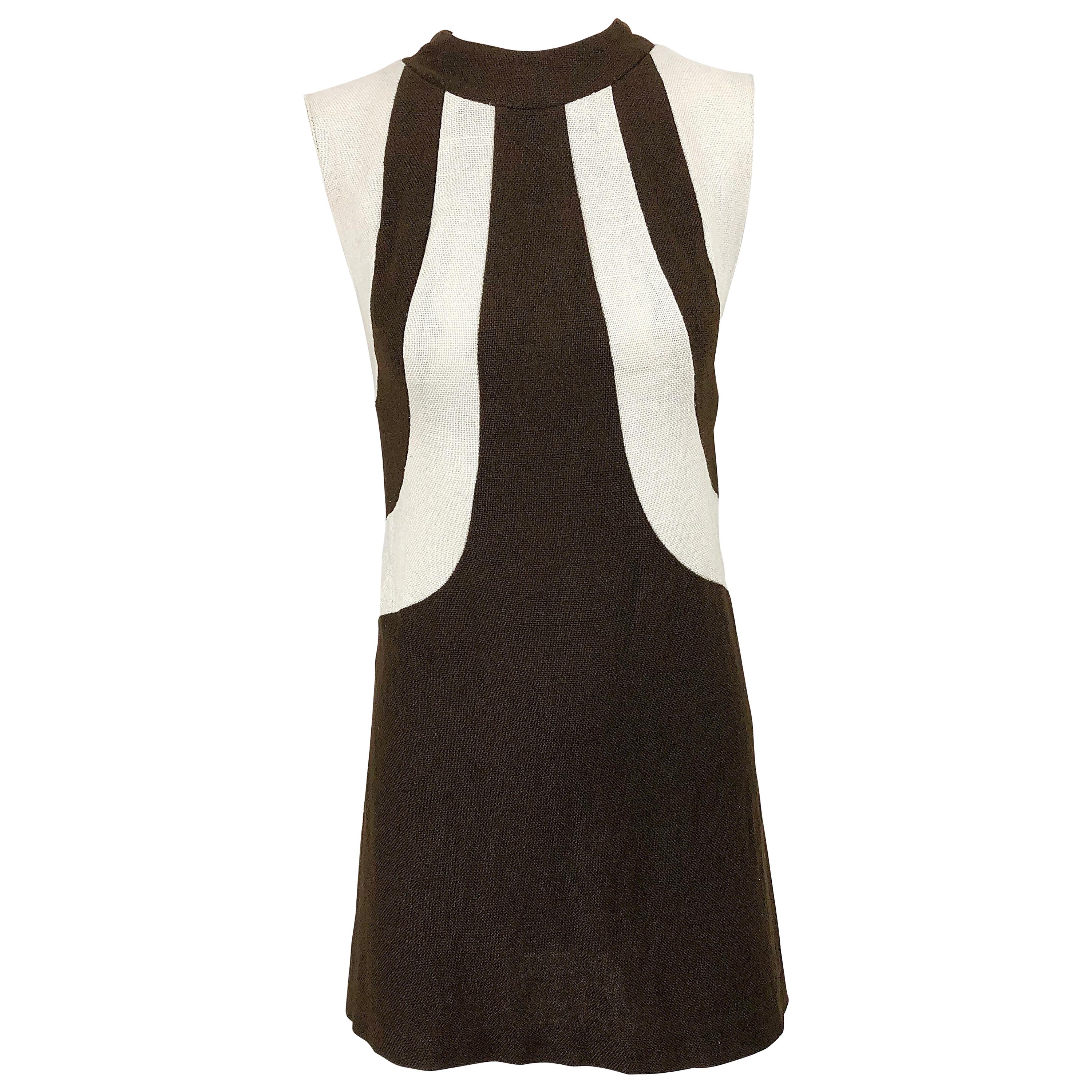 1960s Brown and Ivory Linen Space Age Vintage 60s Mod Mini Shift Dress
