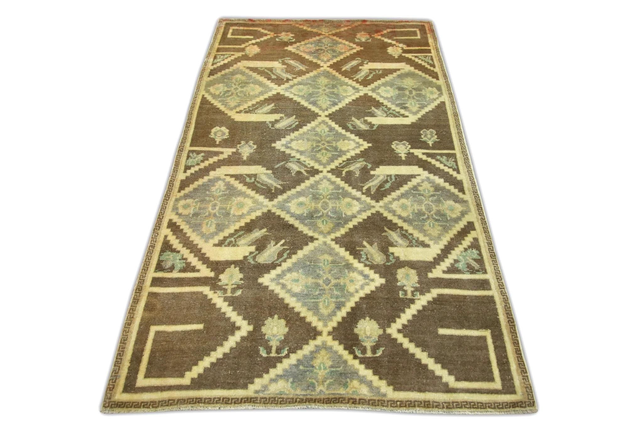 Alfombra turca vintage marrón y azul de los años 60 3'10