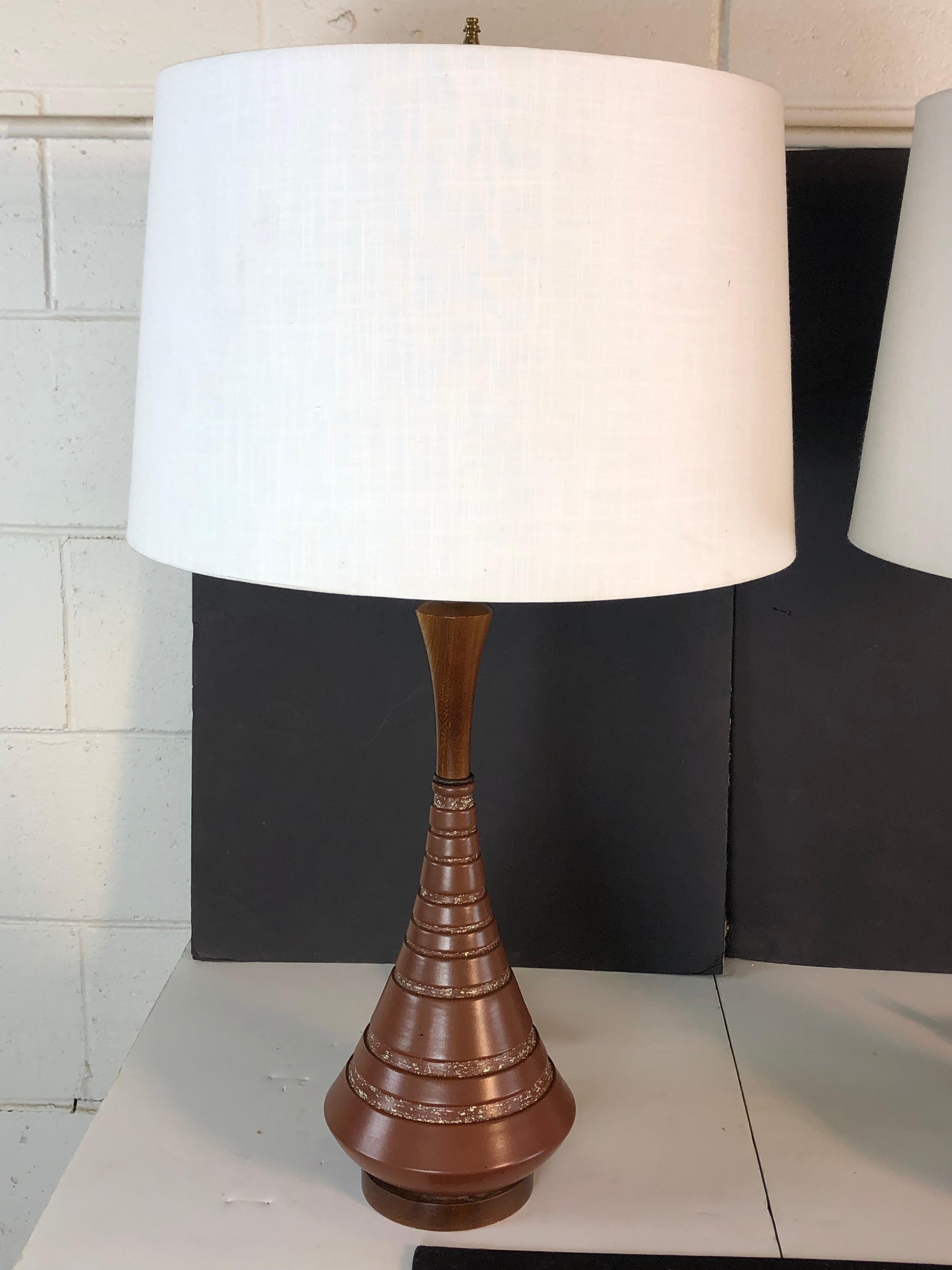 Mid-Century Modern 1960s Brown Ceramic & Walnut Wood Table Lamps, Pair