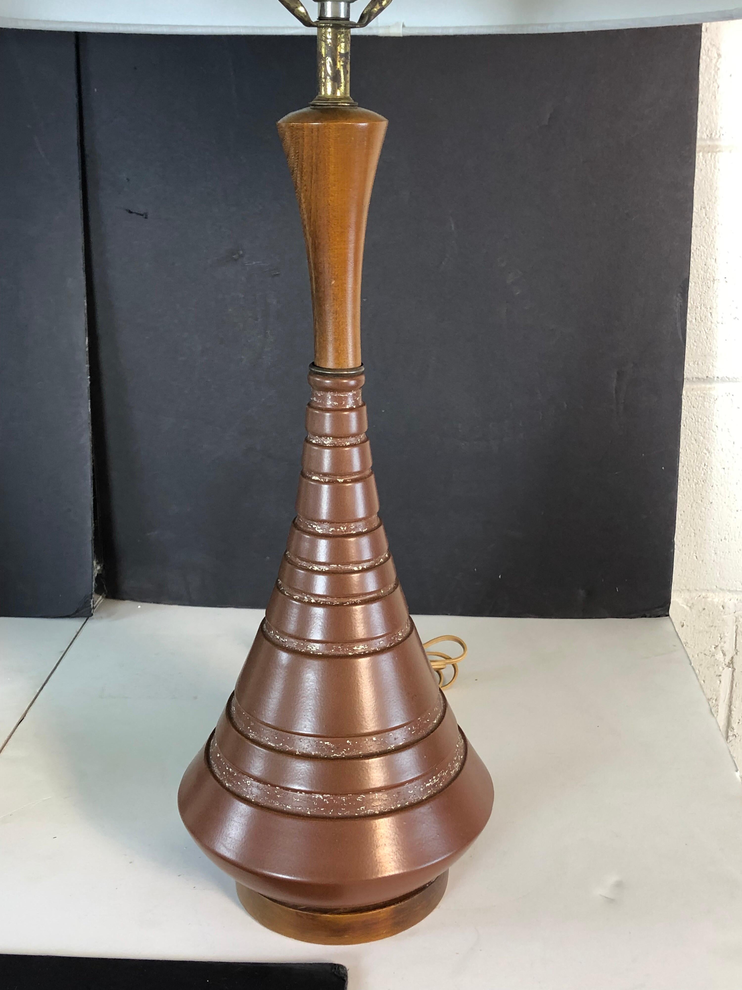 American 1960s Brown Ceramic & Walnut Wood Table Lamps, Pair