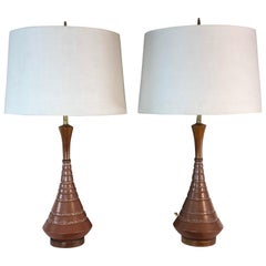 1960s Brown Ceramic & Walnut Wood Table Lamps, Pair