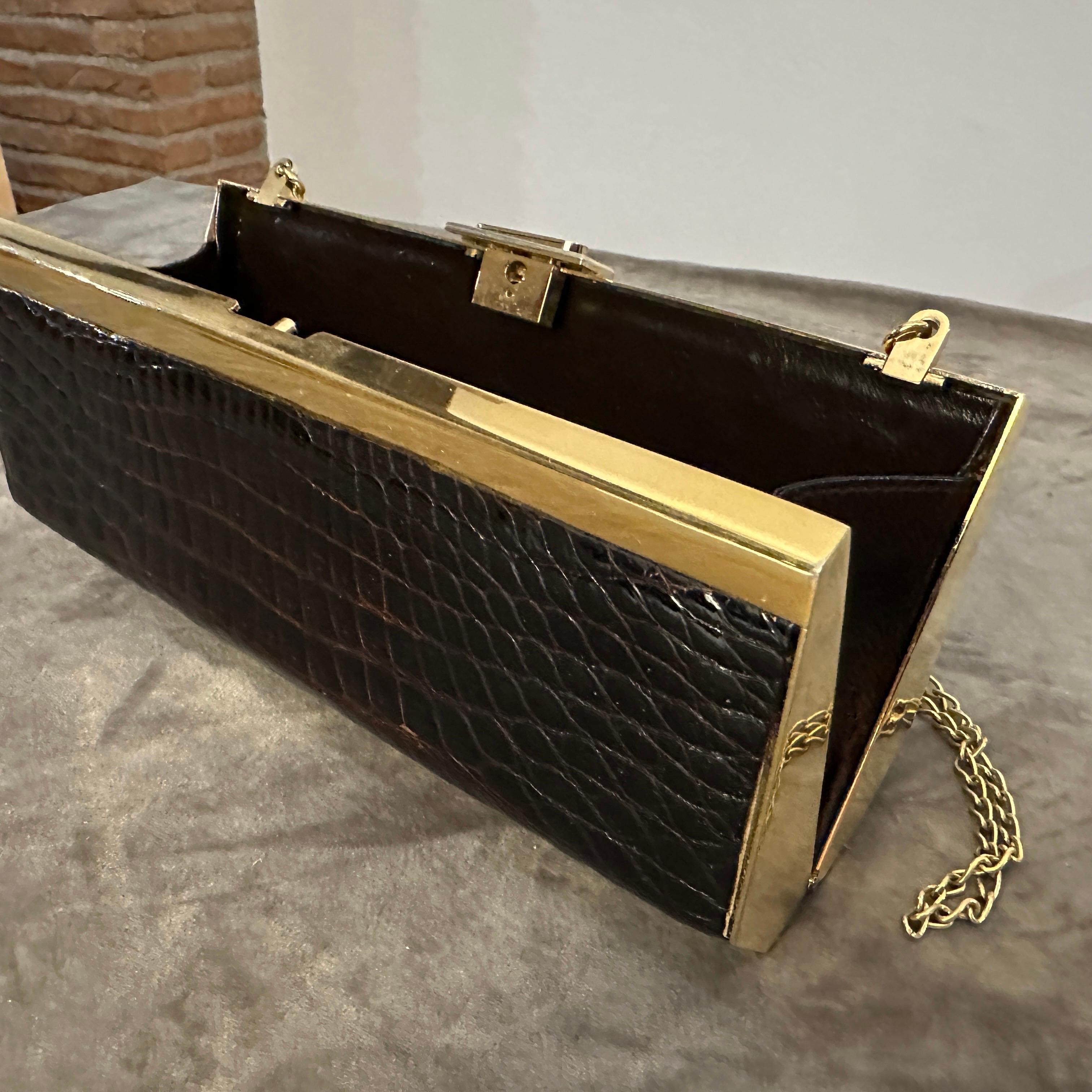 1960s Brown Crocodile Embossed Leather and Brass Italian Evening Bag 5