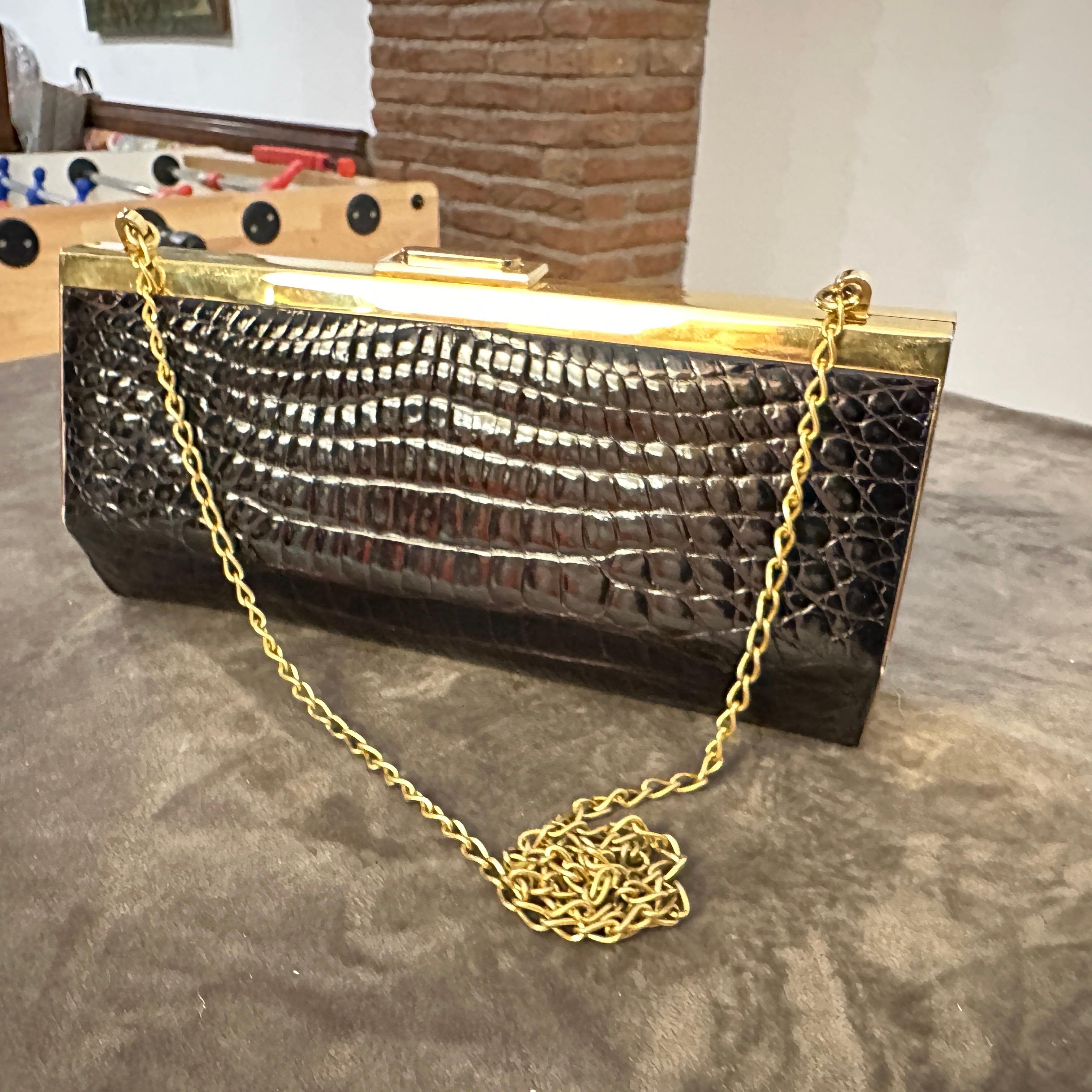1960s Brown Crocodile Embossed Leather and Brass Italian Evening Bag 6