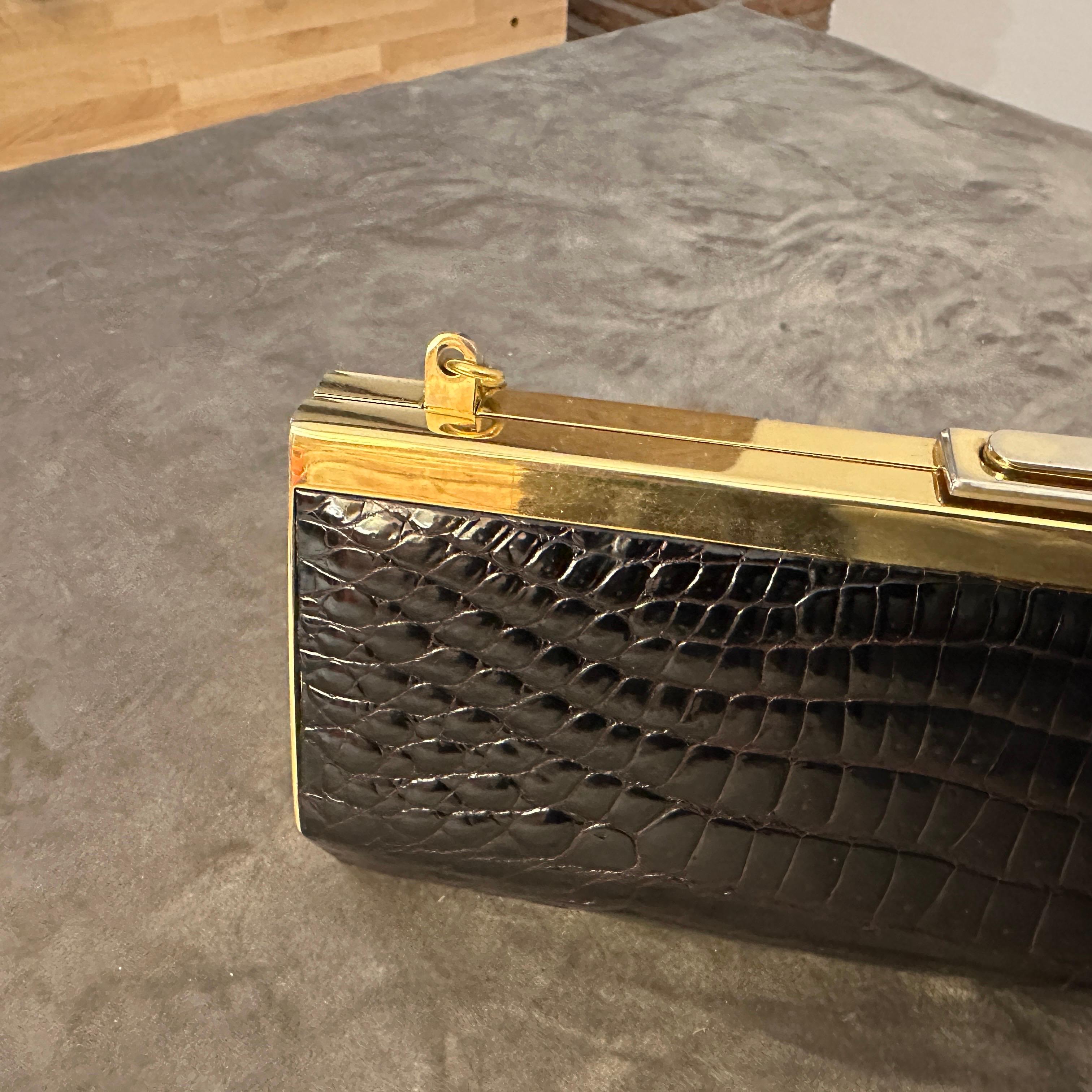Black 1960s Brown Crocodile Embossed Leather and Brass Italian Evening Bag