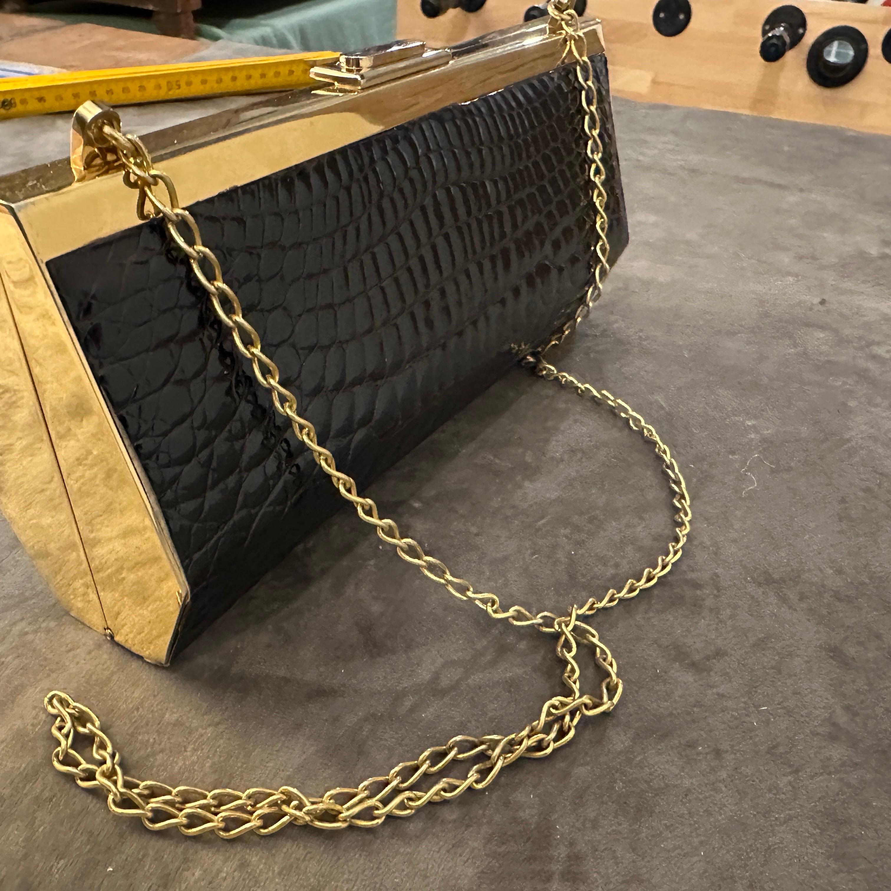 Women's 1960s Brown Crocodile Embossed Leather and Brass Italian Evening Bag