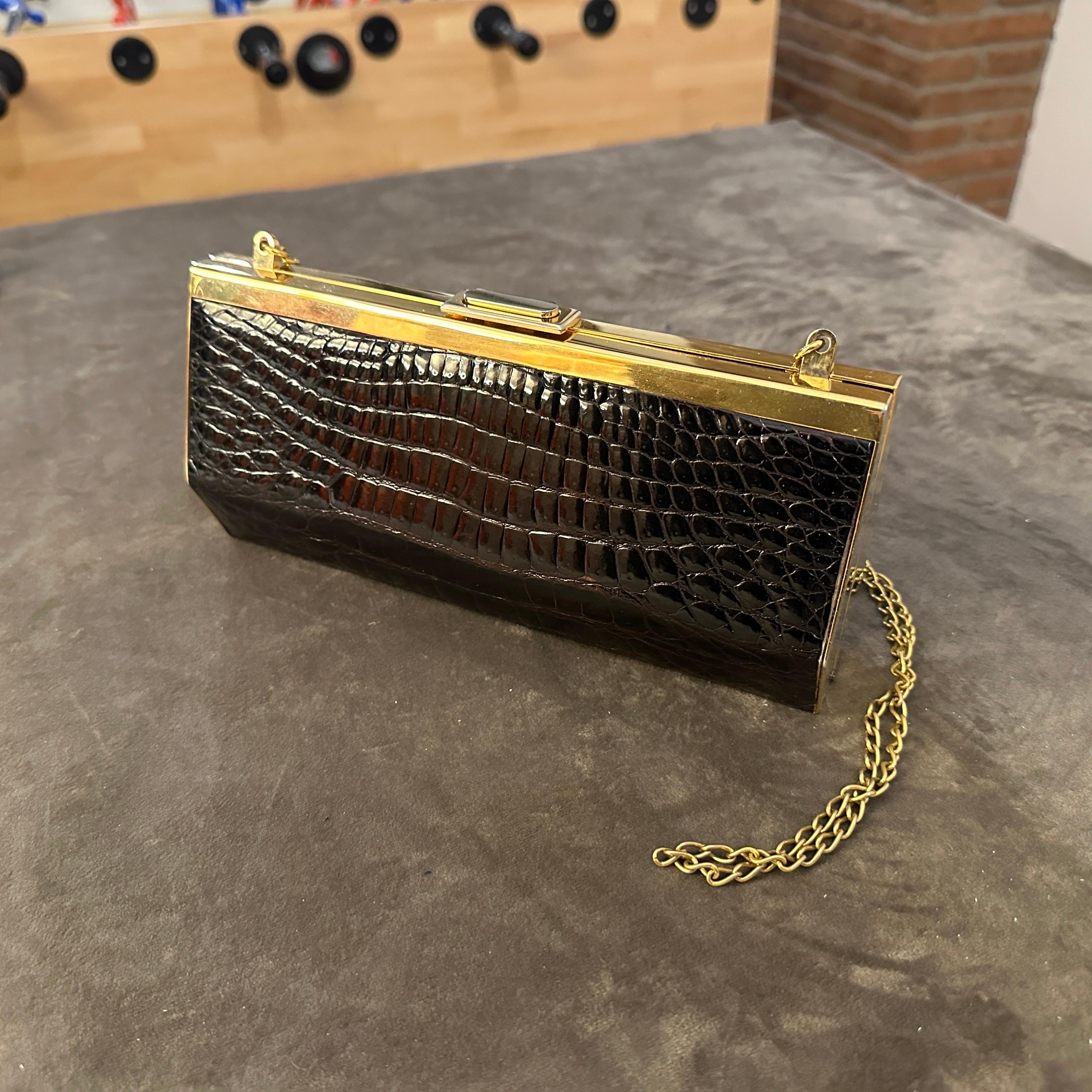 1960s Brown Crocodile Embossed Leather and Brass Italian Evening Bag 2