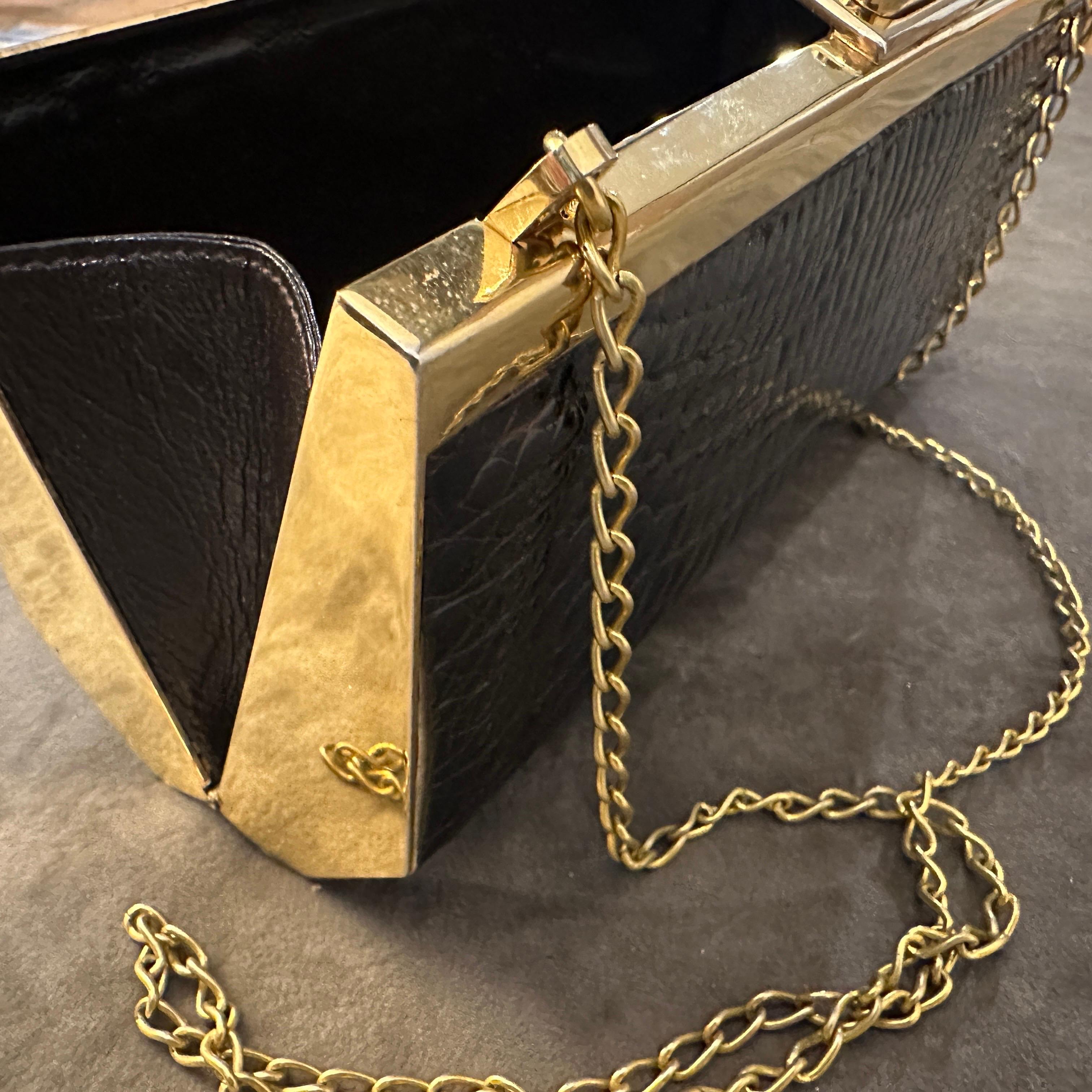 1960s Brown Crocodile Embossed Leather and Brass Italian Evening Bag 4