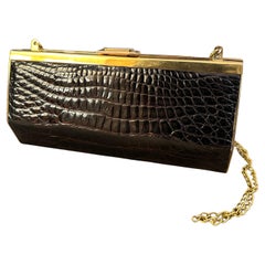 1960s Brown Crocodile Embossed Leather and Brass Italian Evening Bag