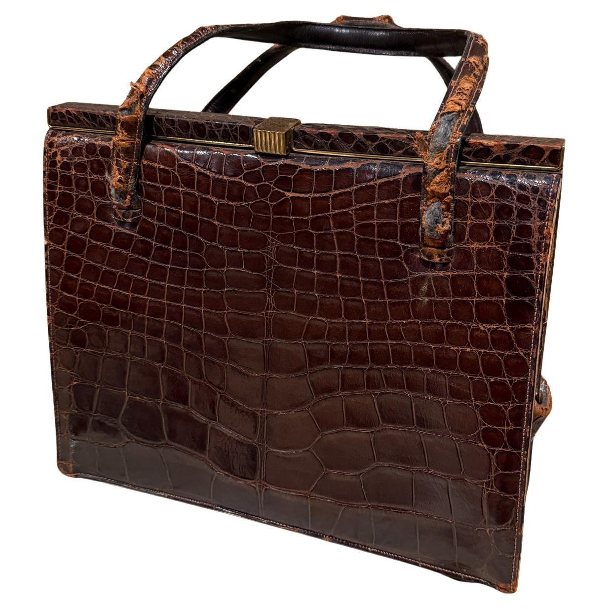 1960s Brown Crocodile Handbag Deauville