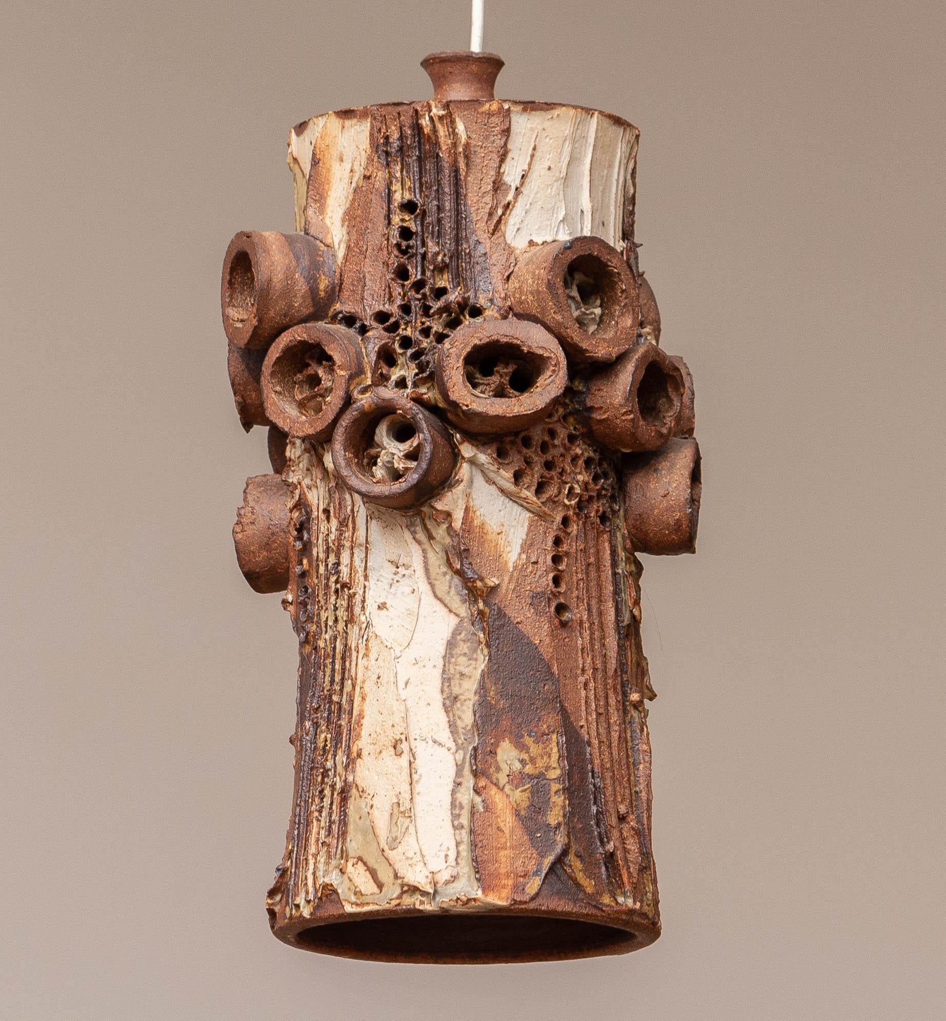 Ceramic 1960's Brown Cylindrical Brutalist Pendant by Bodil Marie Nielsen from Denmark
