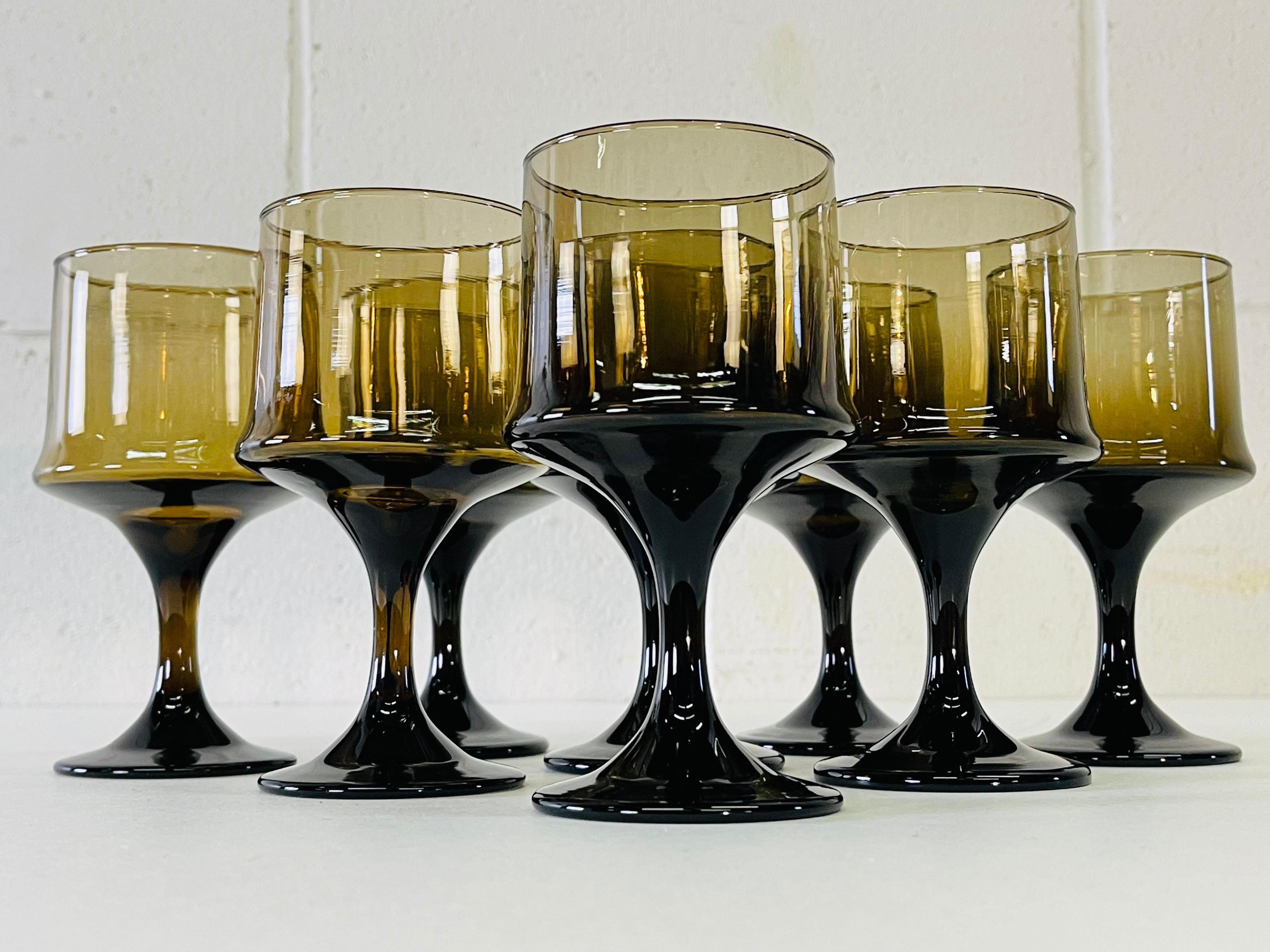 Mid-Century Modern 1960s Brown Glass Wine Stems, Set of 8 For Sale