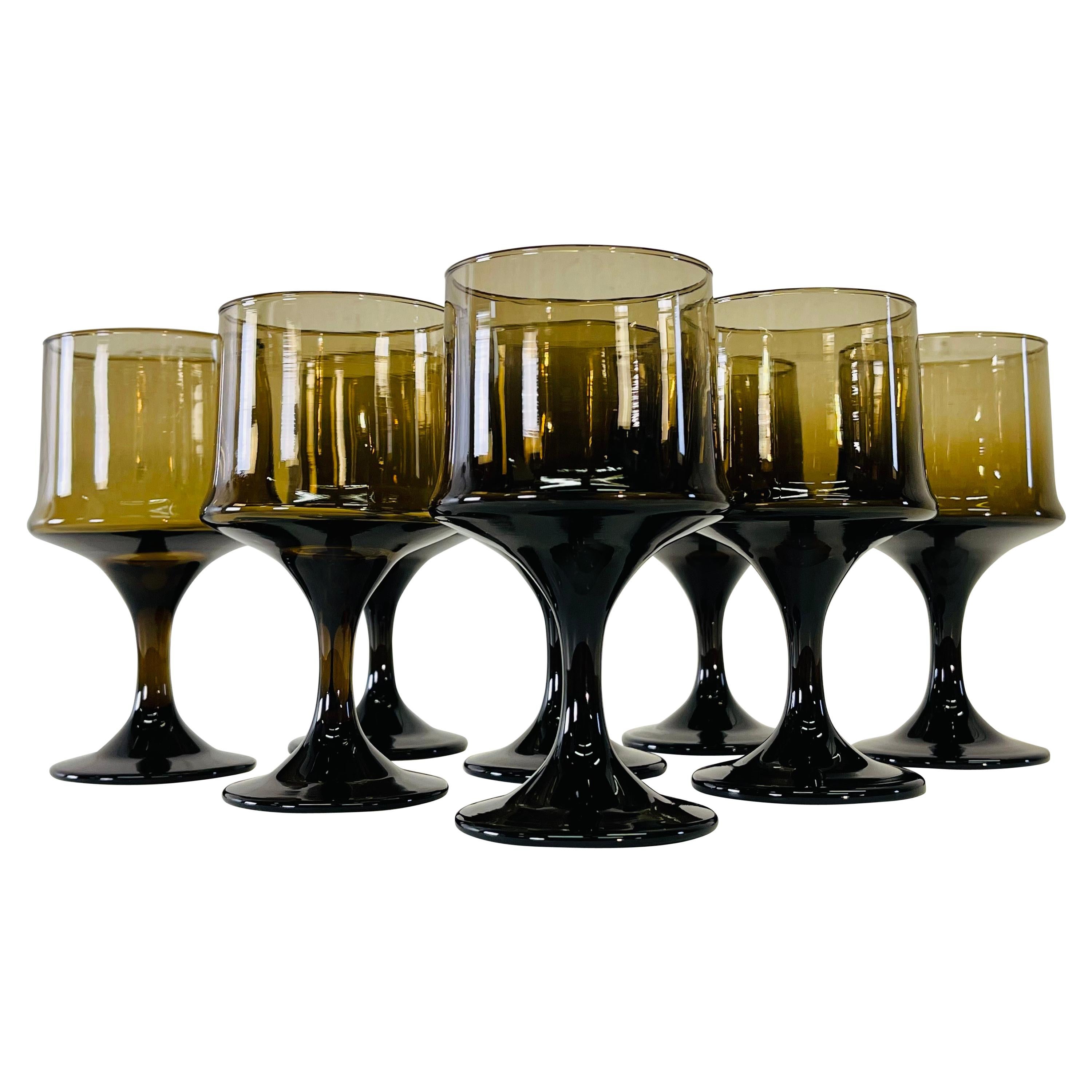 1960s Brown Glass Wine Stems, Set of 8 For Sale