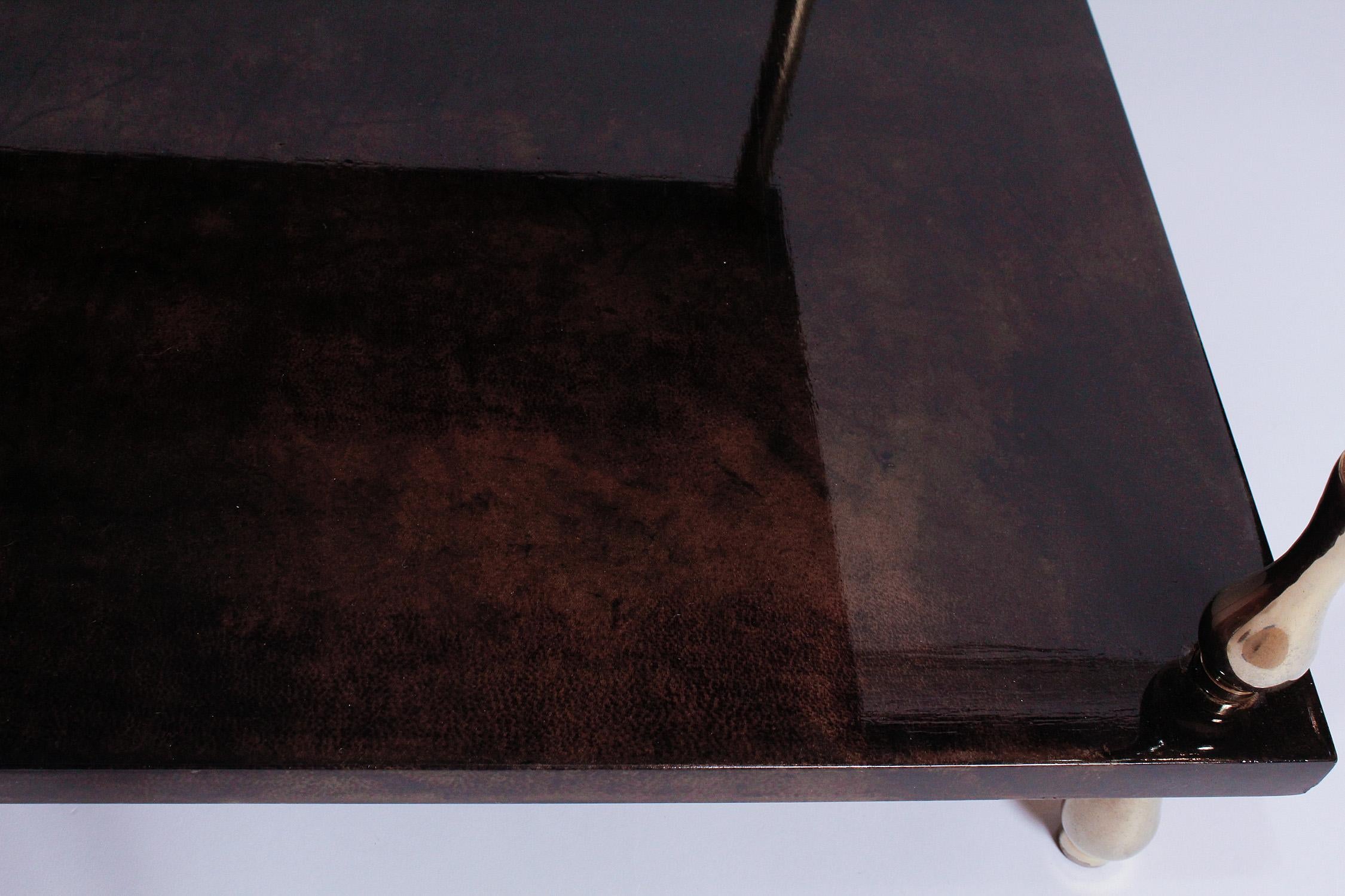 1960s Brown Goatskin and Brass Two-Tiered Table by Aldo Tura 3