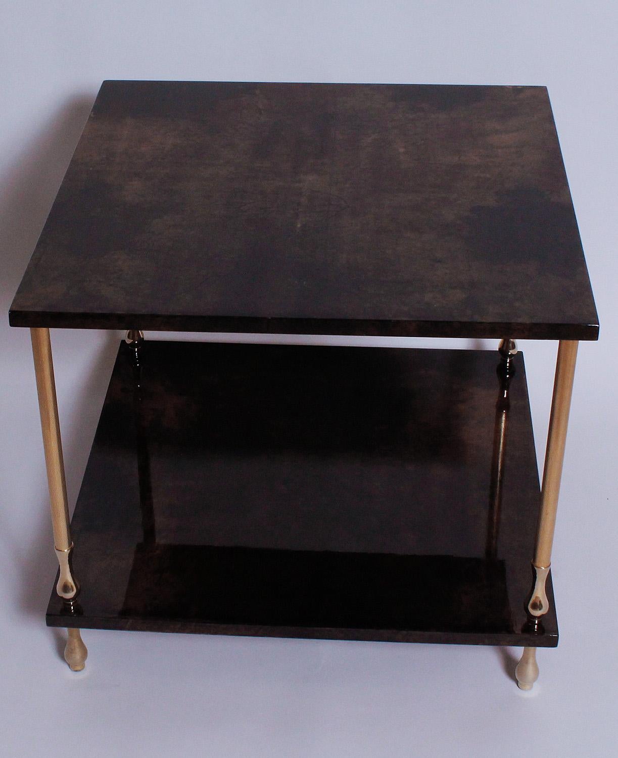 Mid-Century Modern 1960s Brown Goatskin and Brass Two-Tiered Table by Aldo Tura