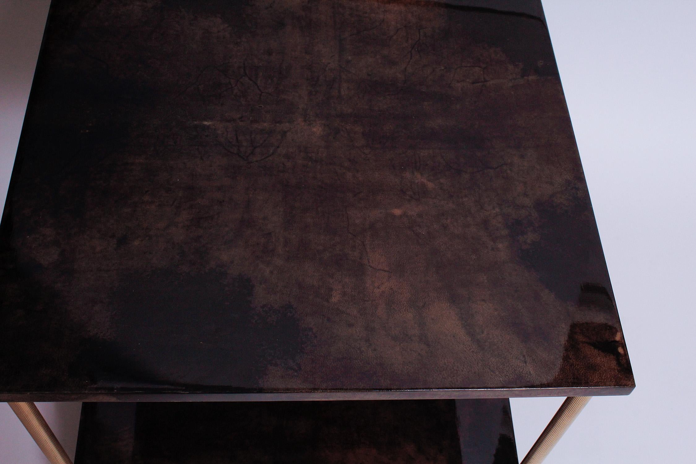 Italian 1960s Brown Goatskin and Brass Two-Tiered Table by Aldo Tura