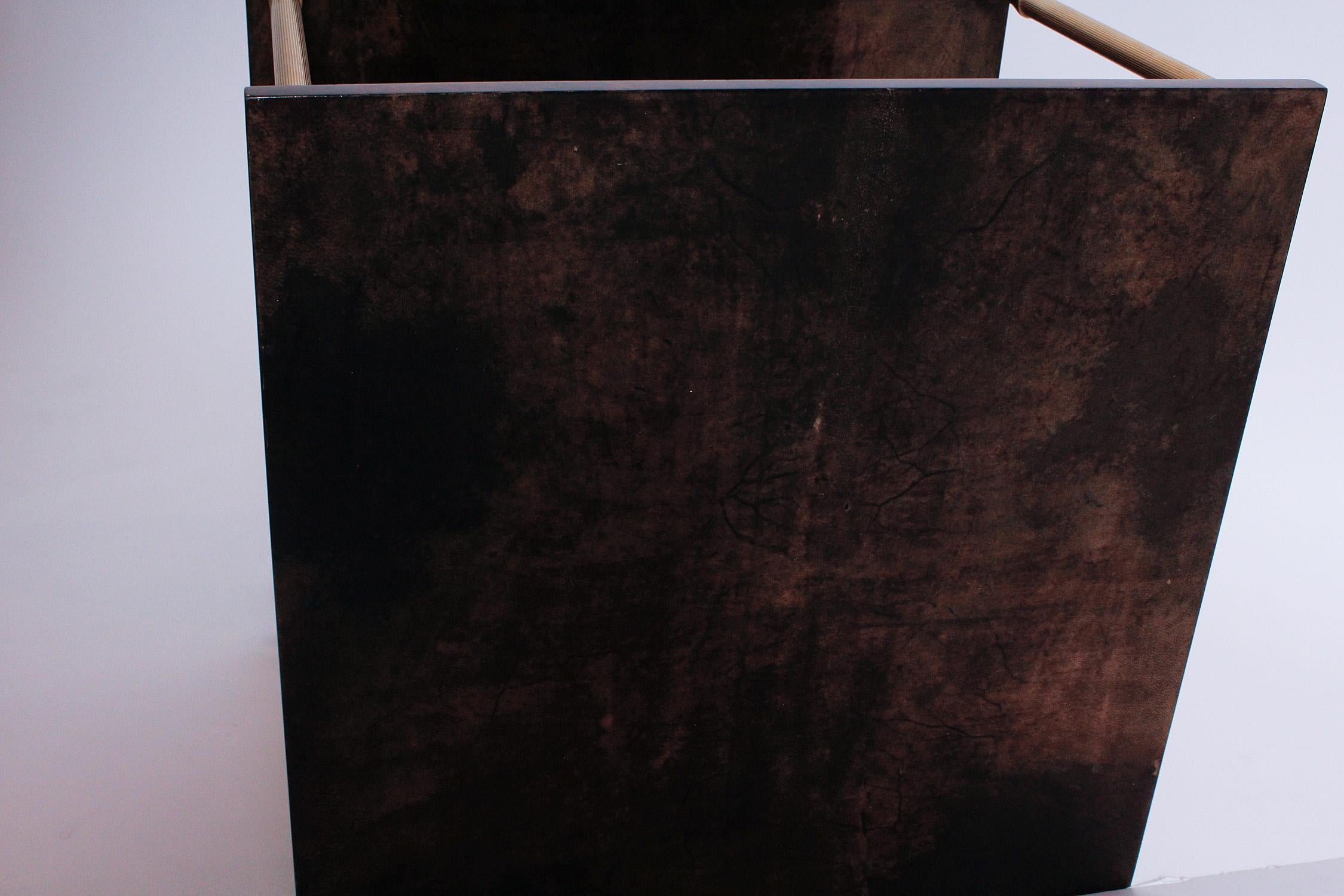 Lacquered 1960s Brown Goatskin and Brass Two-Tiered Table by Aldo Tura