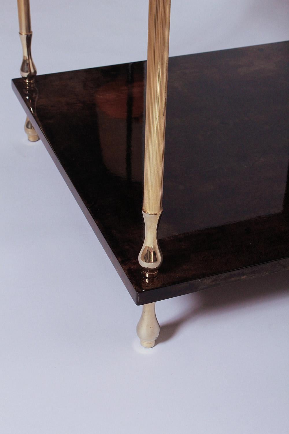 1960s Brown Goatskin and Brass Two-Tiered Table by Aldo Tura In Good Condition In North Miami, FL