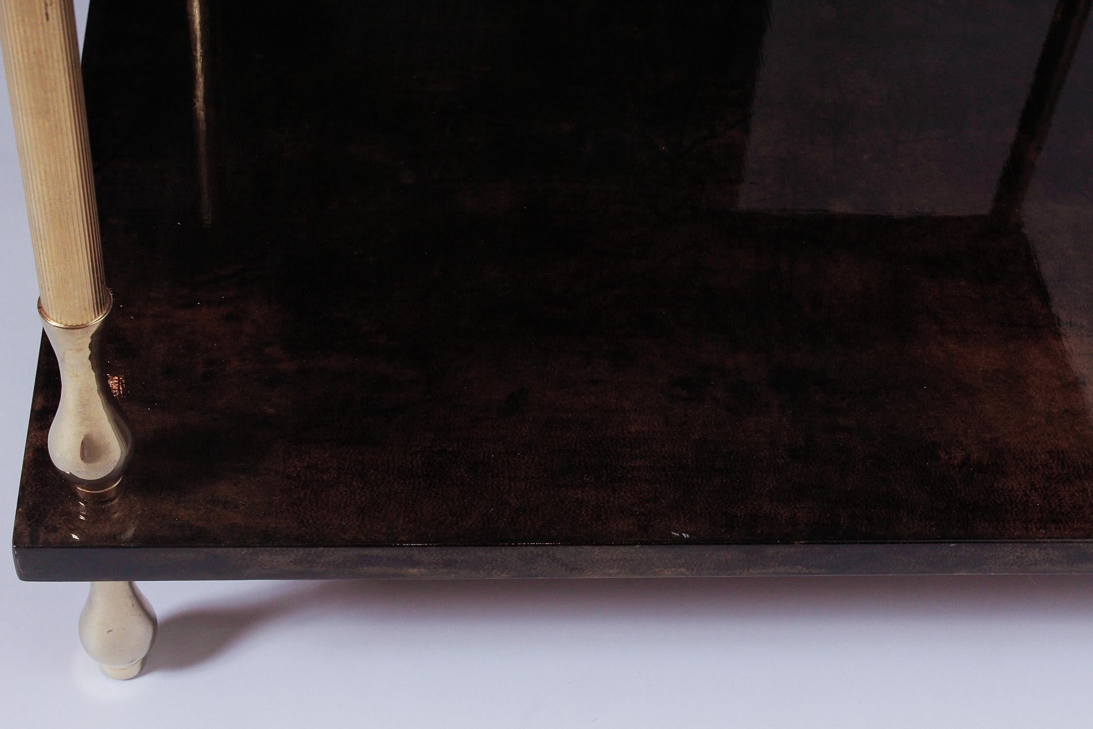1960s Brown Goatskin and Brass Two-Tiered Table by Aldo Tura 1