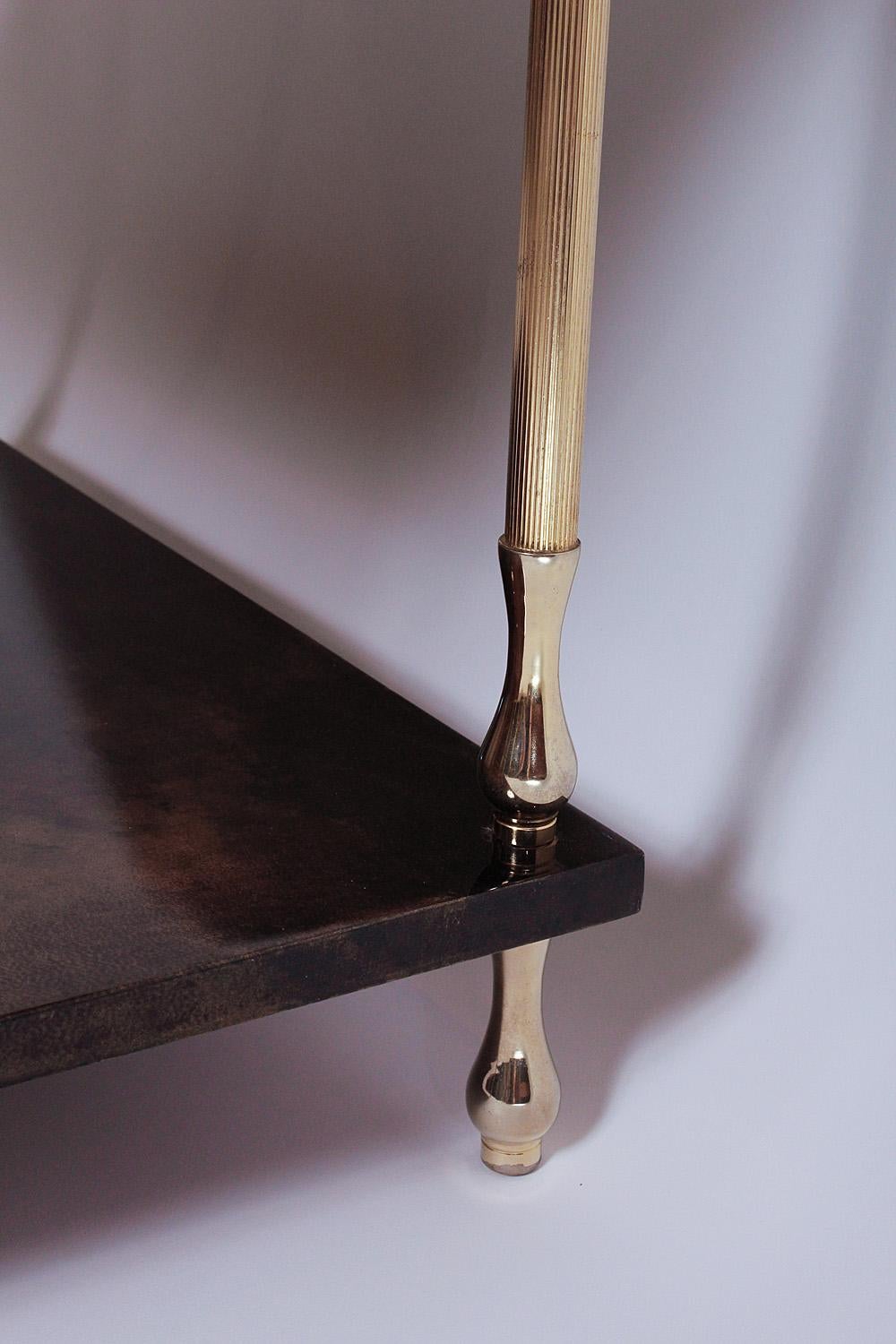 1960s Brown Goatskin and Brass Two-Tiered Table by Aldo Tura 2