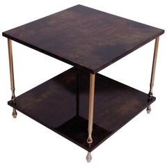 1960s Brown Goatskin and Brass Two-Tiered Table by Aldo Tura