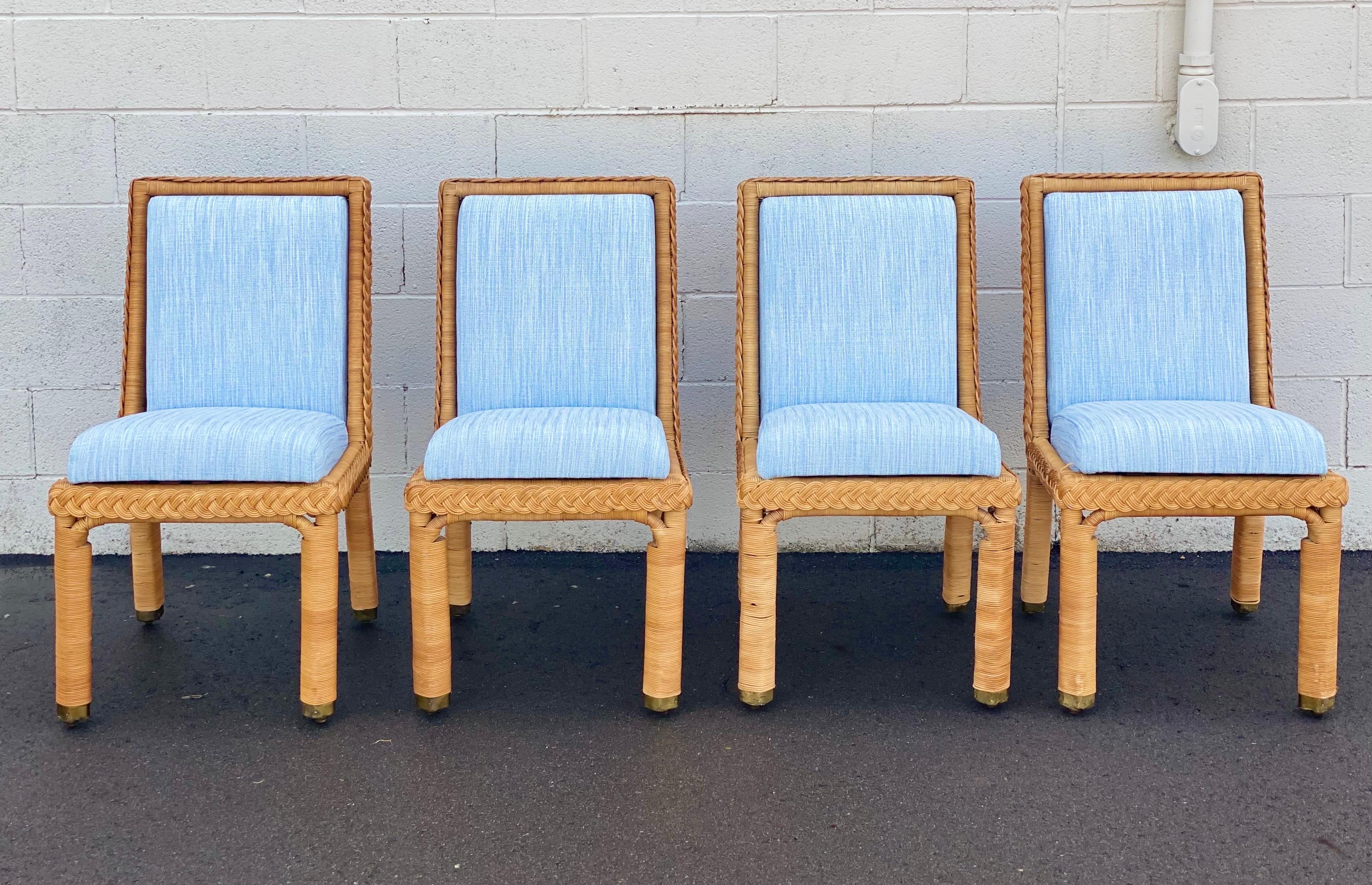 We are very pleased to offer an organic, sculptural set of six dining chairs, circa the 1960s. This stunning set has been beautifully handcrafted in a warm maple tone rattan that captures the beauty of wicker. All six chairs have been professionally