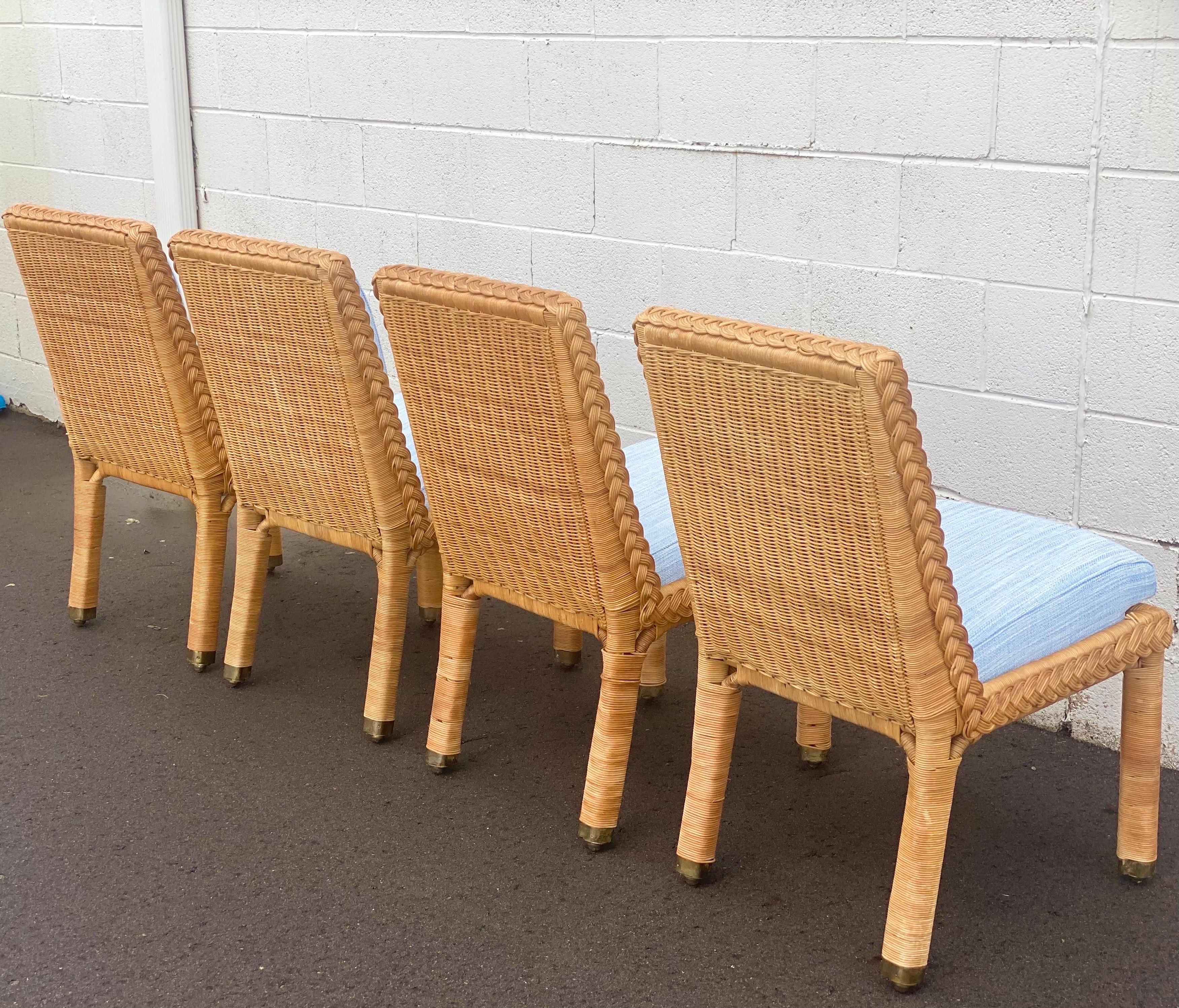 Fabric 1960s Brown Jordan Trompe L’ Oeil Wicker Rattan Dining Chairs, 6 Pieces