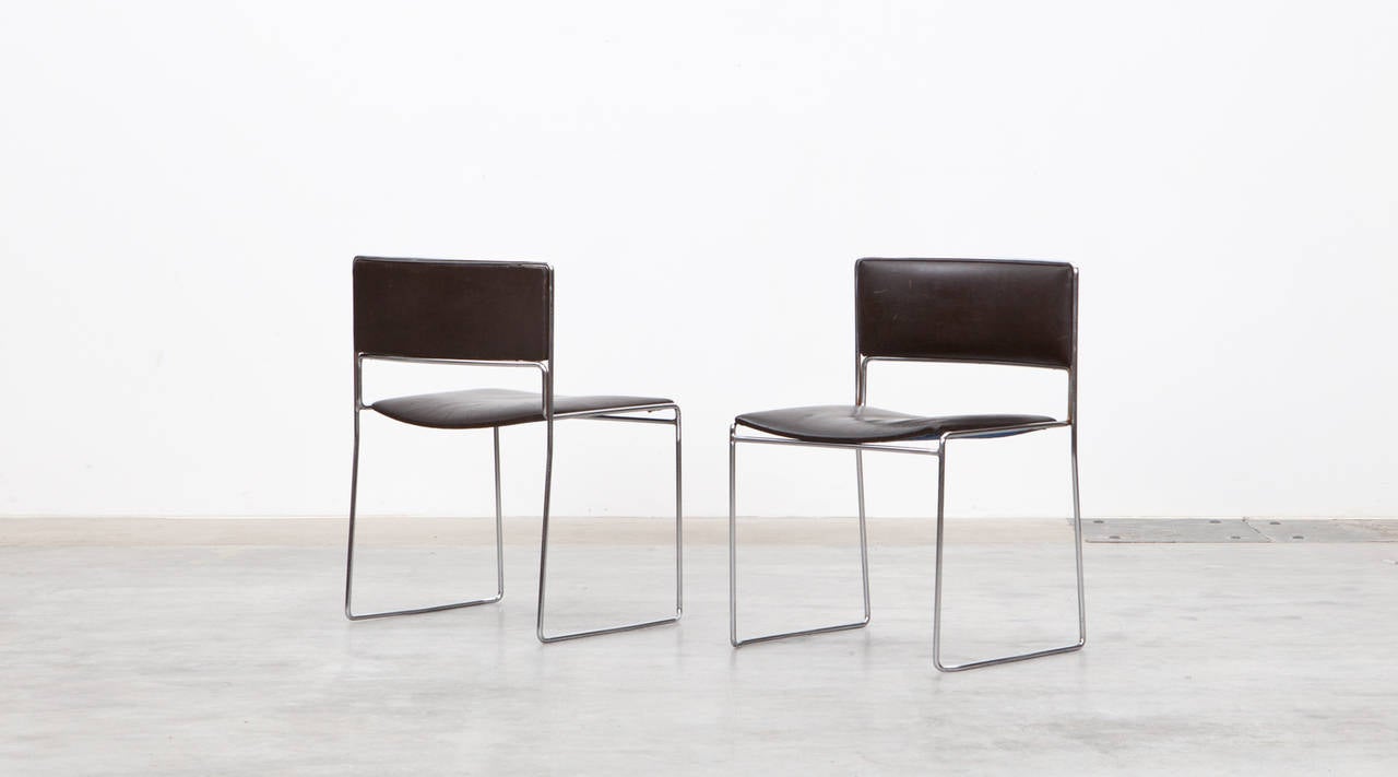Mid-Century Modern 1960s Brown Leather, Chrome Frame Stacking Chairs by Fabricius / Kastholm