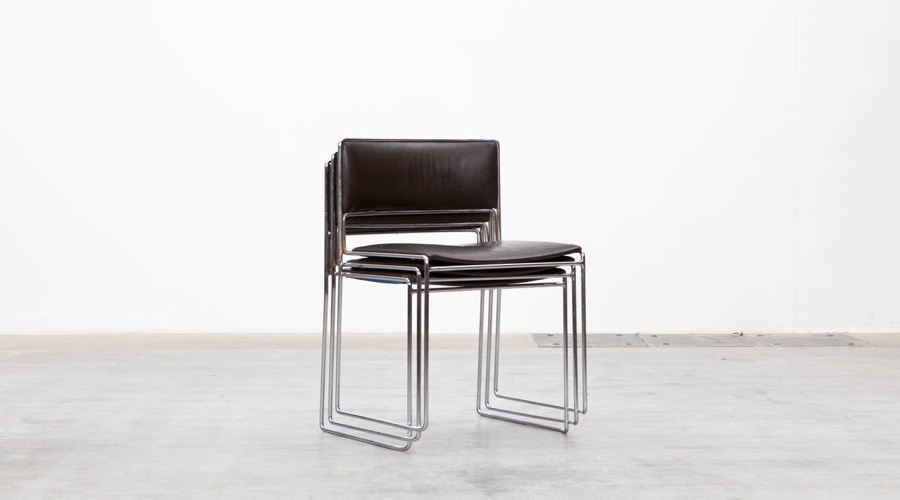 German 1960s Brown Leather, Chrome Frame Stacking Chairs by Fabricius / Kastholm