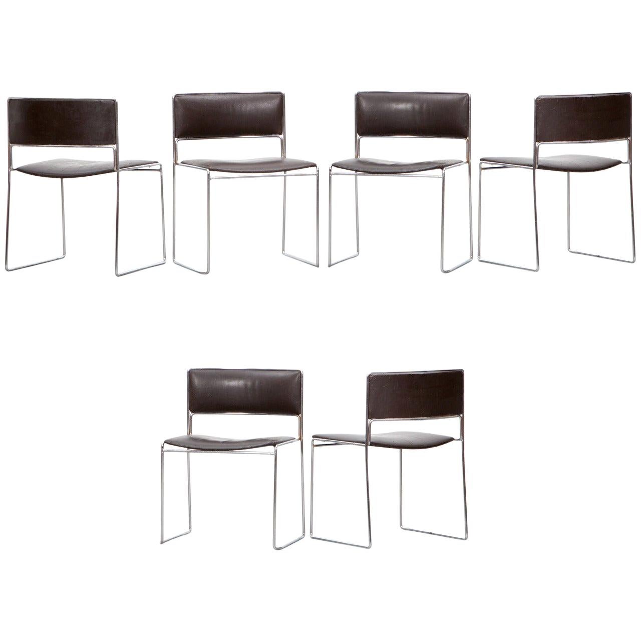 1960s Brown Leather, Chrome Frame Stacking Chairs by Fabricius / Kastholm