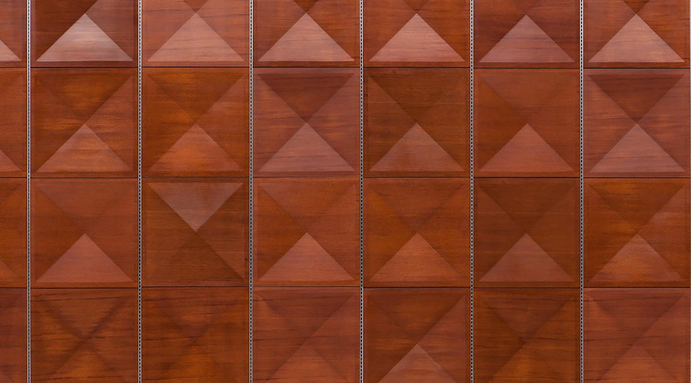 36 pieces, mahogany, diamand patter, Philippon & Lecoq, Germany, 1964.

Very exceptional and very unique. The mahogany panel wall consists of 36 pieces and comes with aluminum supports, which also give the possibility to fix glass shelves to the