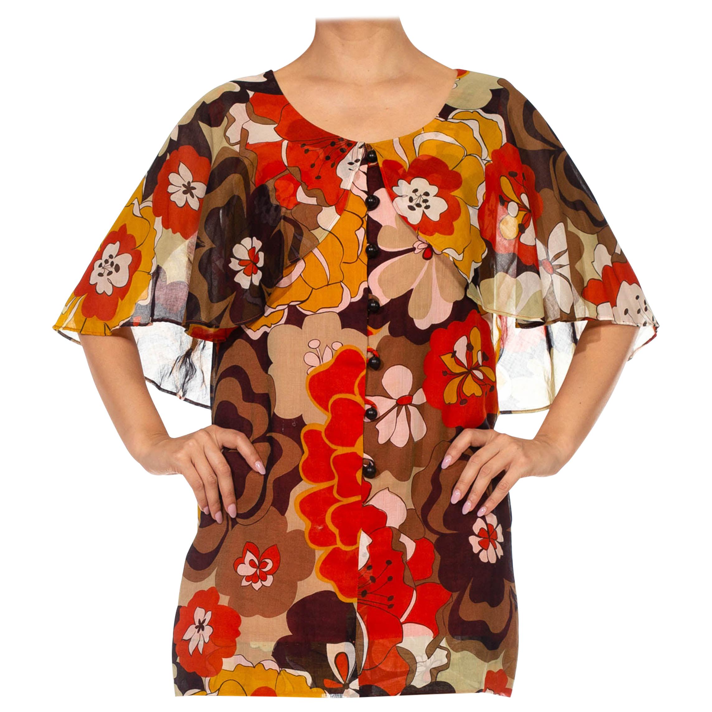 1960S Brown & Orange Cotton Blend Large Floral Print Romper With Capelet