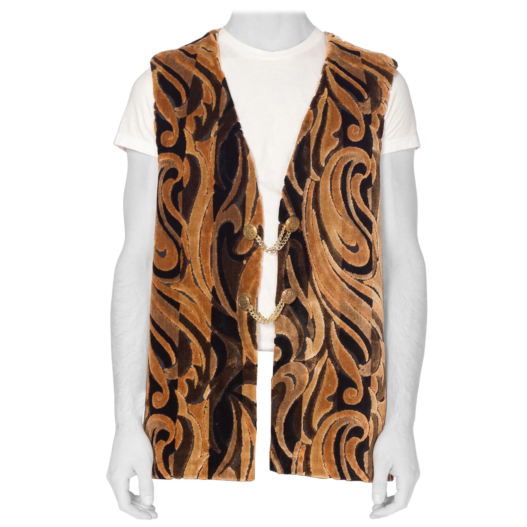 1960S Brown Psychedelic Cotton Velvet Men
s Boho Paisley Vest