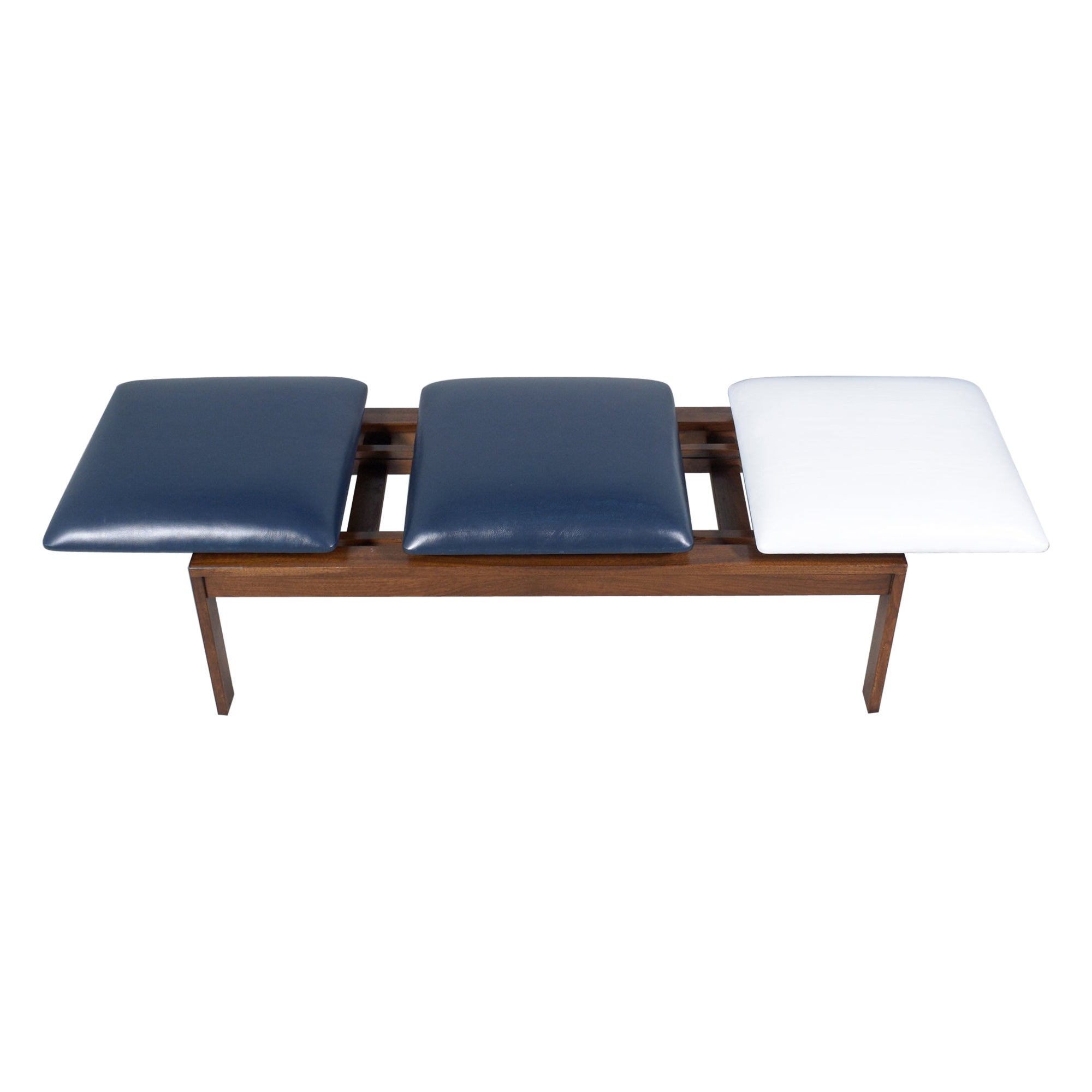1960s Brown Saltman Mid-Century Walnut Bench with Navy 
White Leather Cushions