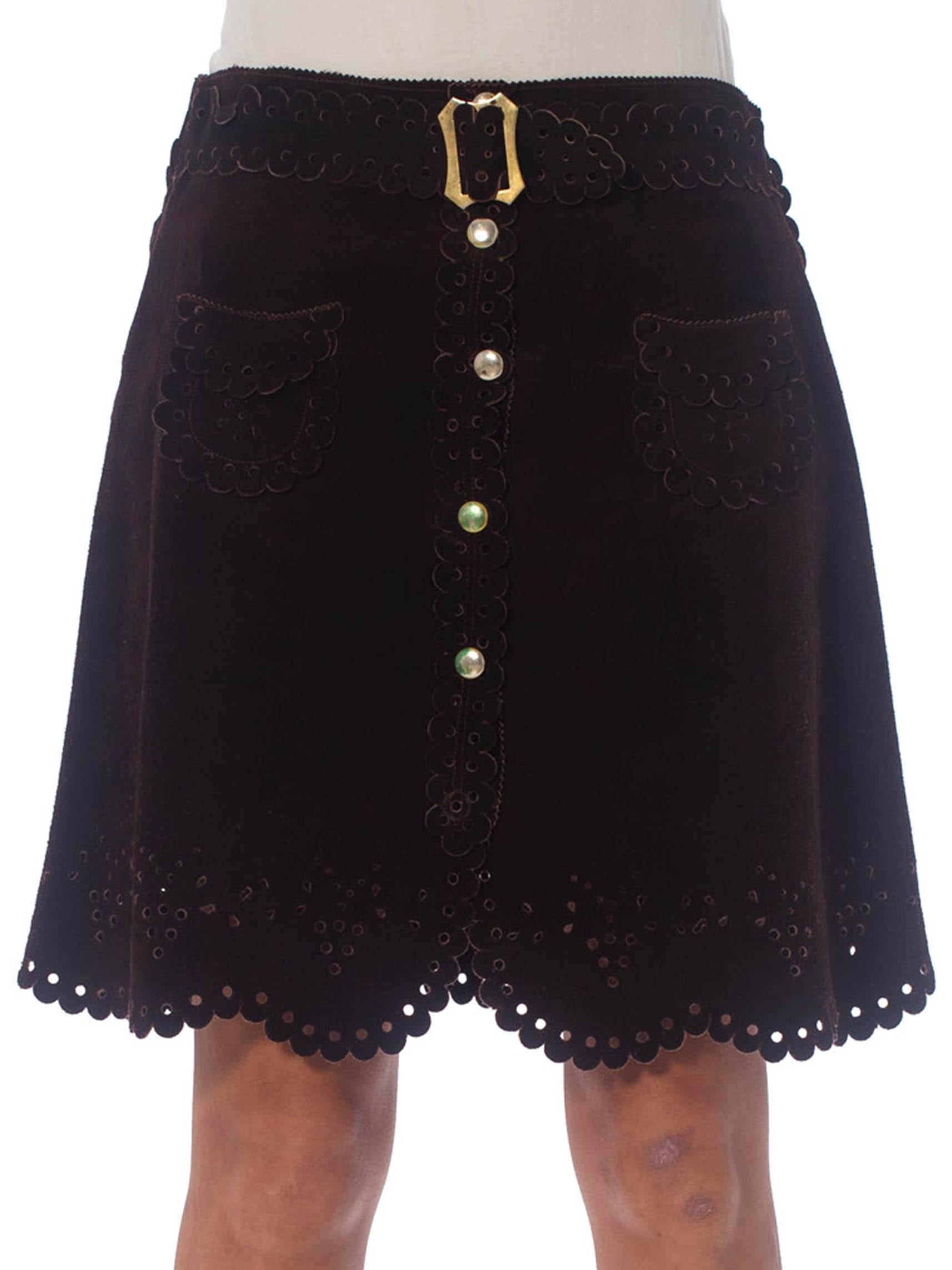 Black 1960S Brown Suede Mini Skirt With Lace-Like Punched Hole Design