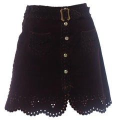 1960S Brown Suede Mini Skirt With Lace-Like Punched Hole Design