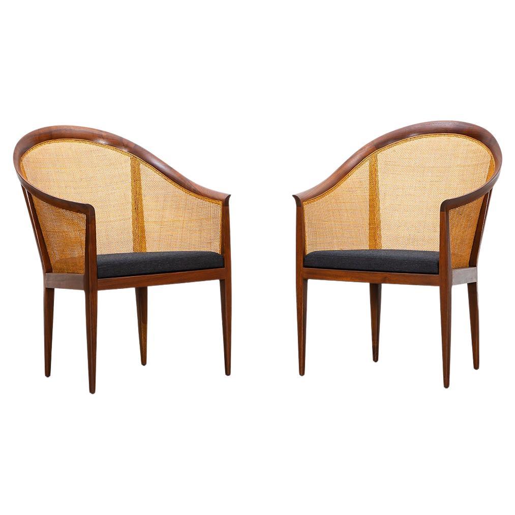 1960s Brown Walnut and Cane Lounge Chairs by Kipp Stewart, New Upholstery For Sale