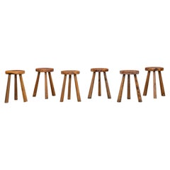 Vintage 1960s Brown Wooden Set of Stools by Charles Flandres